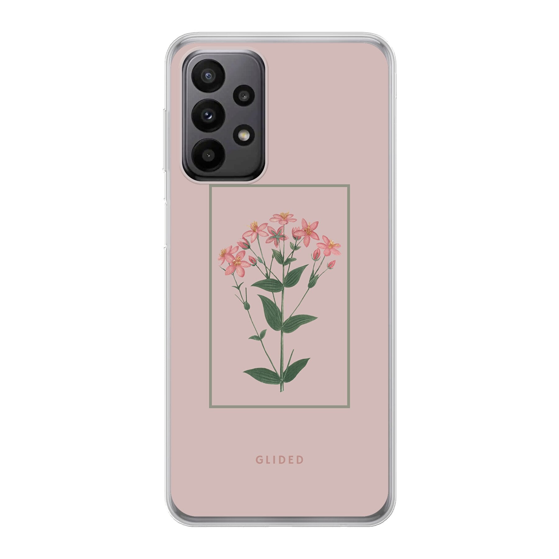 Blossy Samsung Galaxy A23 5G Handyhülle mit rosane Blumen auf beigem Hintergrund, stilvoll und schützend.