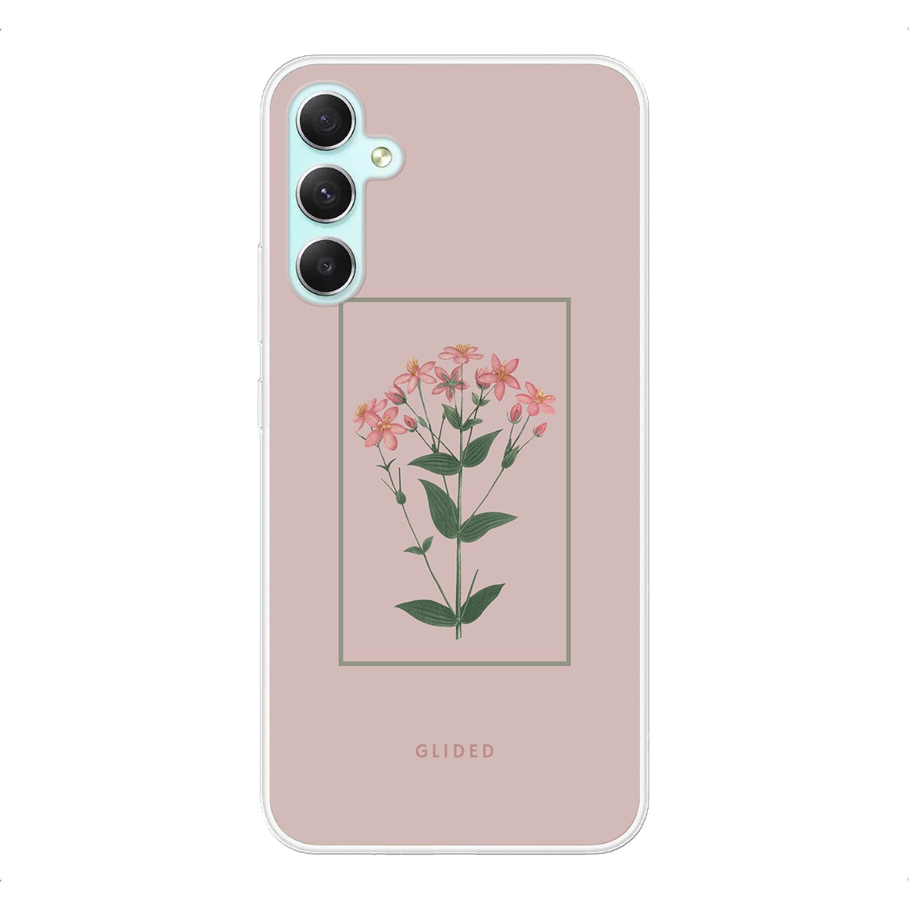 Blossy Samsung Galaxy A34 Handyhülle mit rosafarbenen Blumen auf beigem Hintergrund, stilvoll und schützend.