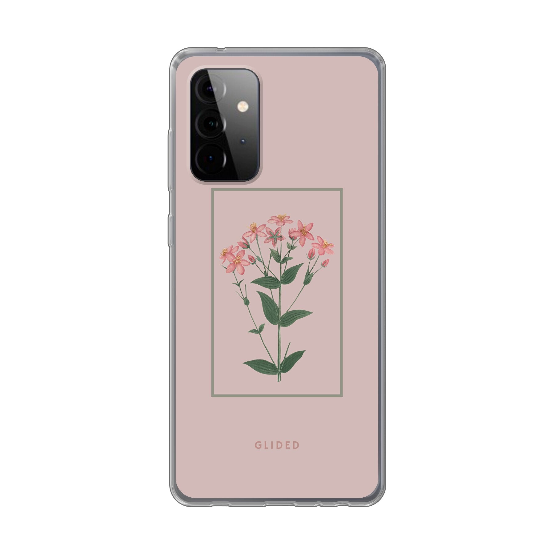 Blossy Samsung Galaxy A72 5G Handyhülle mit rosane Blumen auf beigem Hintergrund, stilvoll und schützend.