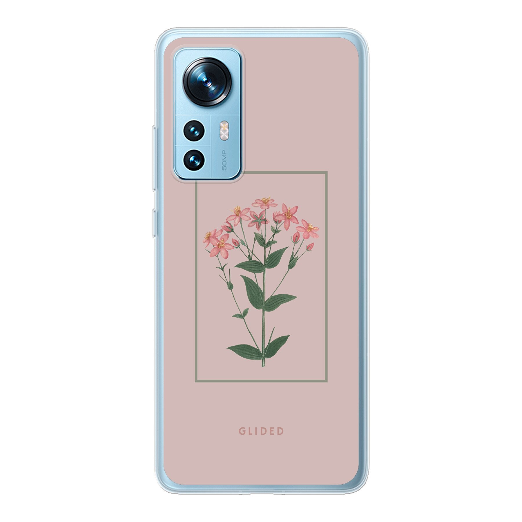 Blossy Xiaomi 12 Handyhülle mit rosafarbenen Blumen auf beigem Hintergrund, stilvoll und schützend.