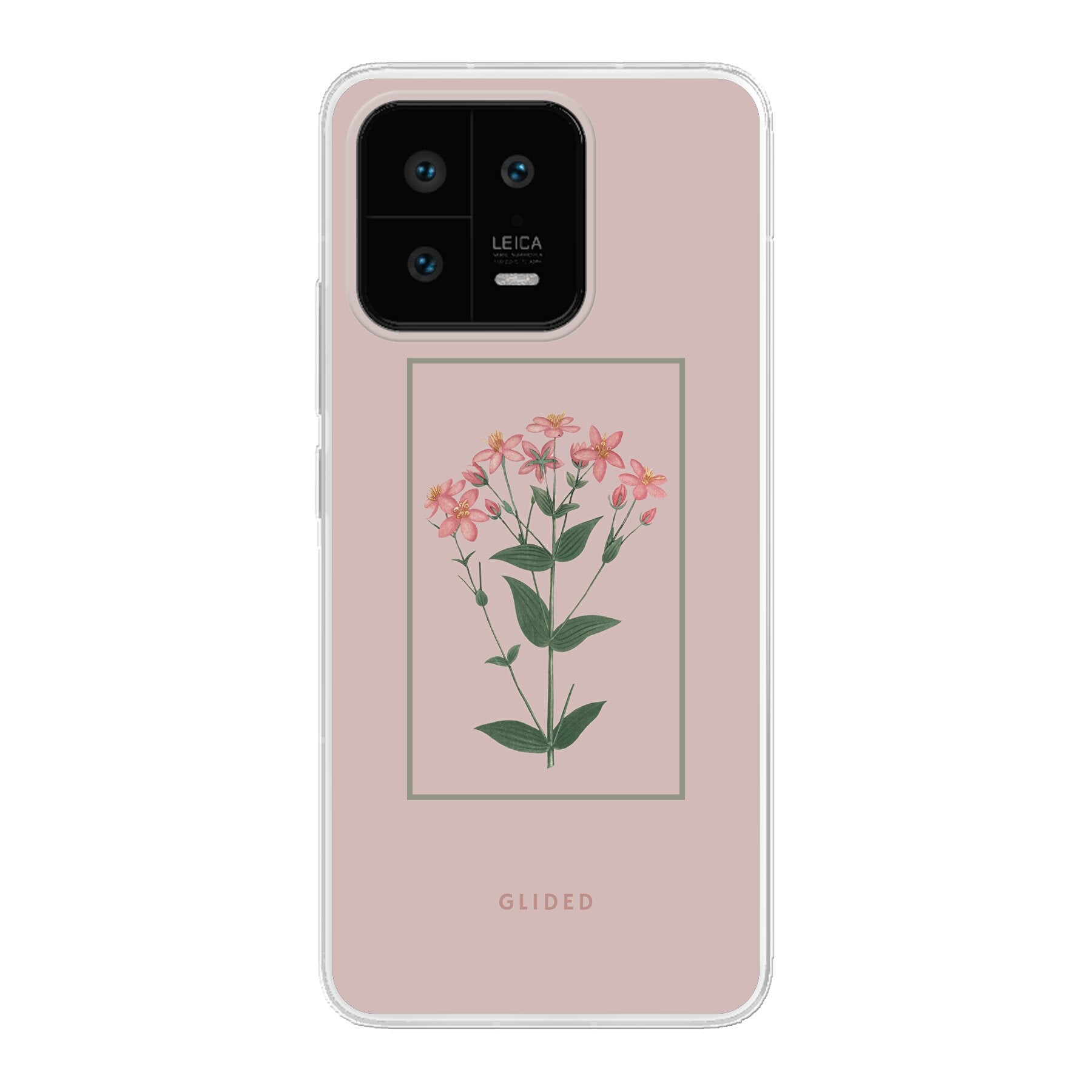 Blossy Xiaomi 13 Handyhülle mit rosafarbenen Blumen auf beigem Hintergrund, stilvoll und schützend.