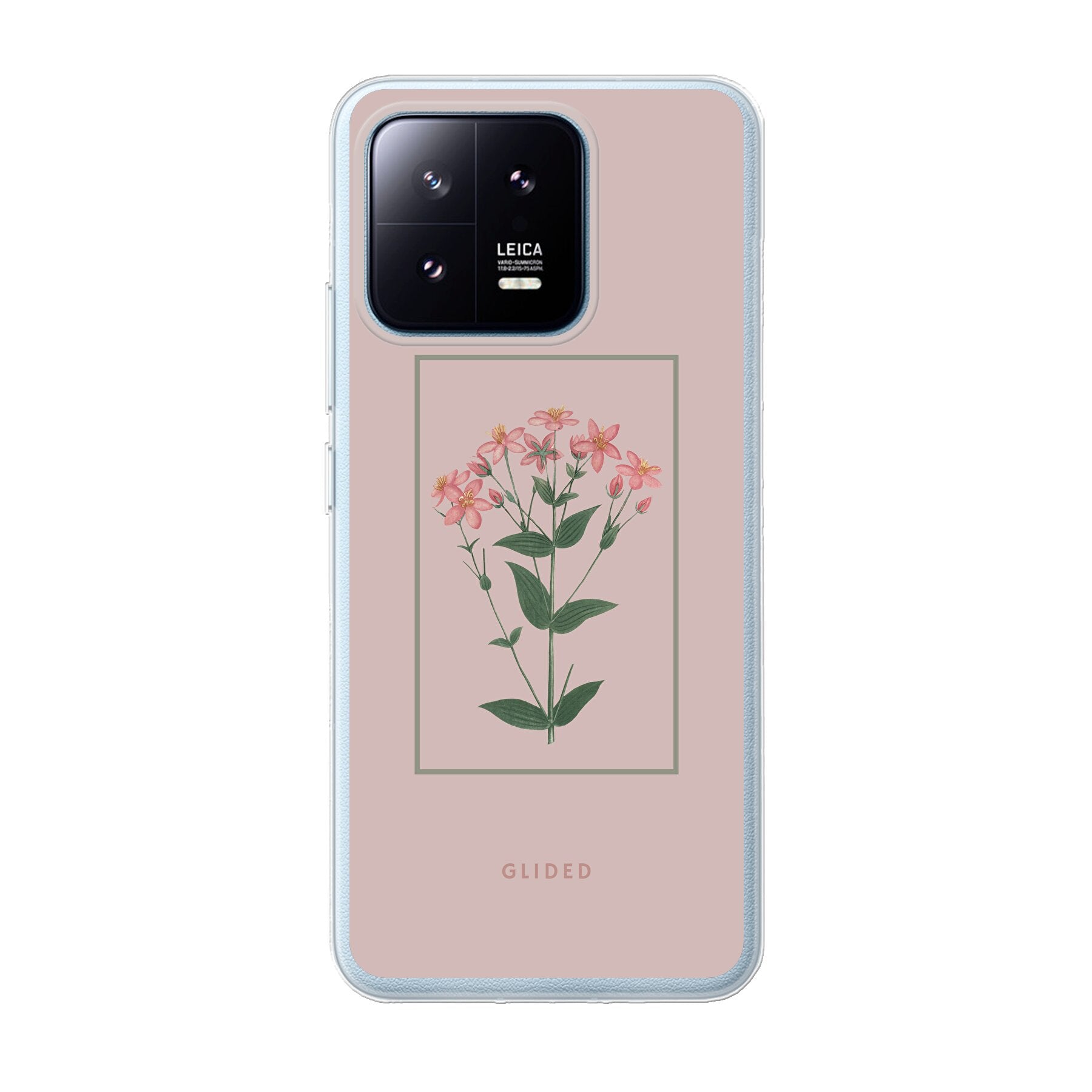 Blossy Xiaomi 13 Pro Handyhülle mit rosafarbenen Blumen auf beigem Hintergrund, stilvoll und schützend.