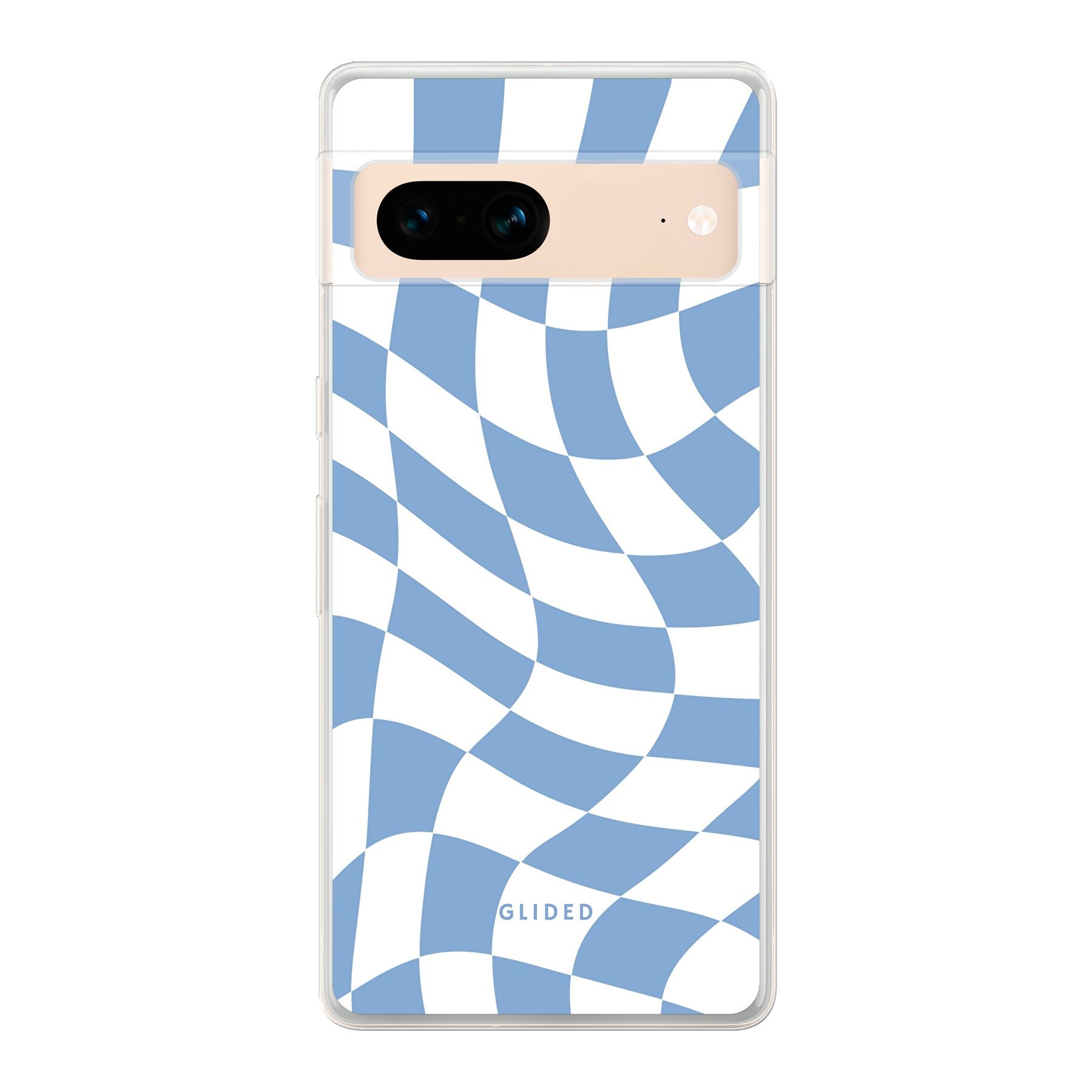 Elegante Blue Chess Handyhülle für Google Pixel 7 mit stilvollem Schachbrettmuster in verschiedenen Blautönen.