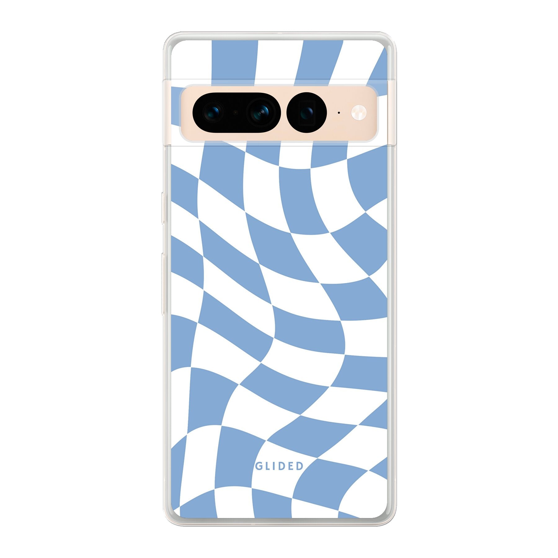 Elegante Blue Chess Handyhülle für Google Pixel 7 Pro mit stilvollem Schachbrettmuster in verschiedenen Blautönen.