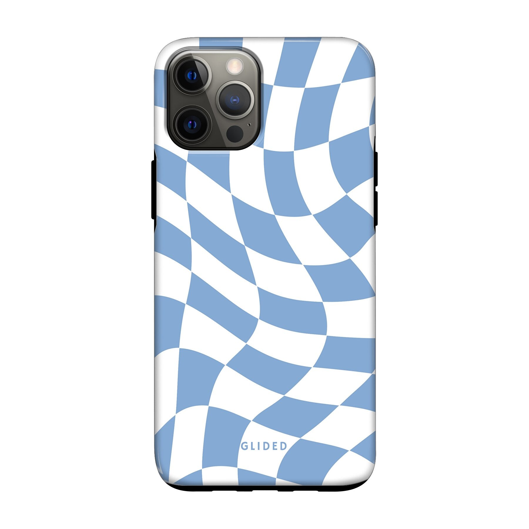 Elegante Blue Chess iPhone 12 Handyhülle mit Schachbrettmuster in verschiedenen Blautönen, die Stil und Schutz vereint.