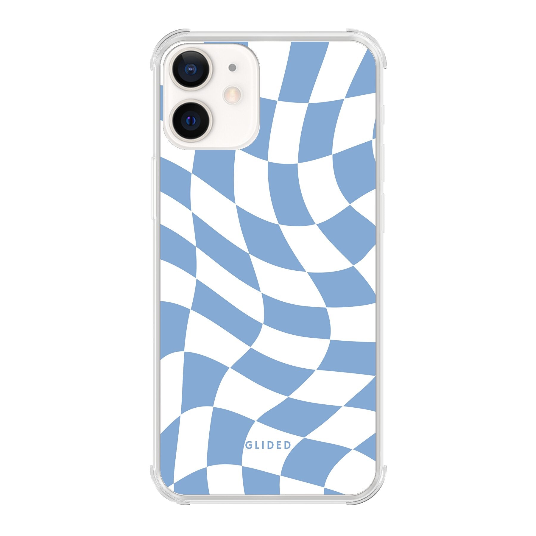 Elegante Blue Chess iPhone 12 Handyhülle mit Schachbrettmuster in verschiedenen Blautönen, die Stil und Schutz vereint.