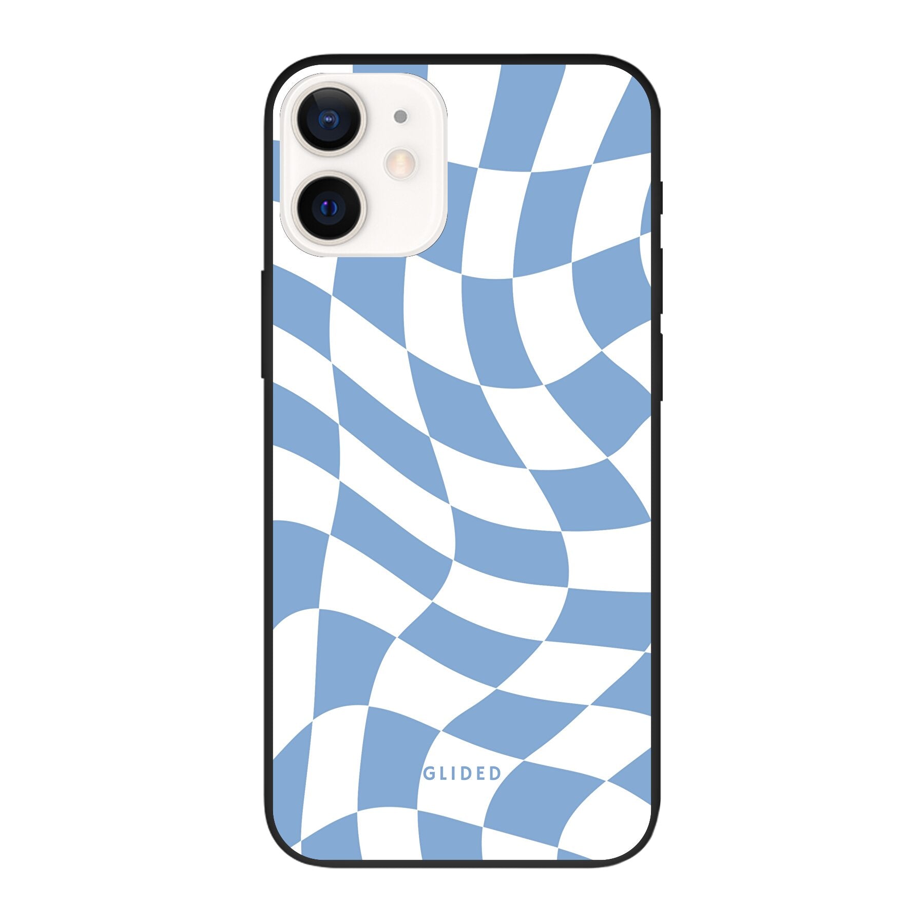 Elegante Blue Chess iPhone 12 Handyhülle mit Schachbrettmuster in verschiedenen Blautönen, die Stil und Schutz vereint.