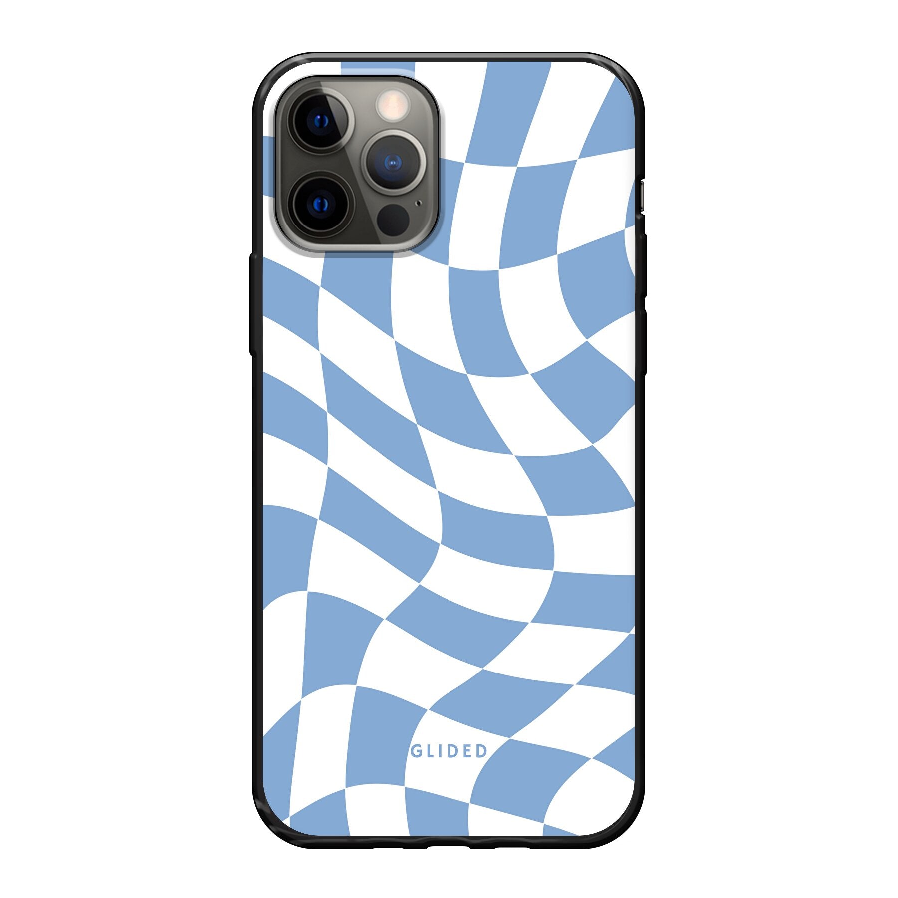 Elegante Blue Chess iPhone 12 Handyhülle mit Schachbrettmuster in verschiedenen Blautönen, die Stil und Schutz vereint.