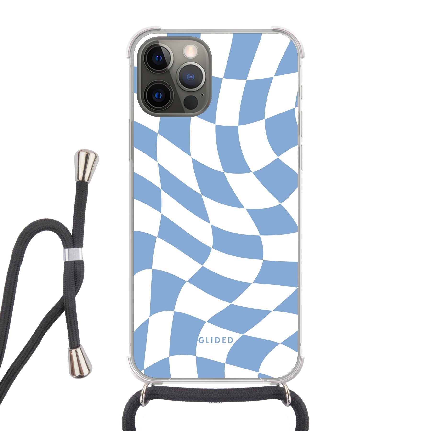 Elegante Blue Chess iPhone 12 Handyhülle mit Schachbrettmuster in verschiedenen Blautönen, die Stil und Schutz vereint.