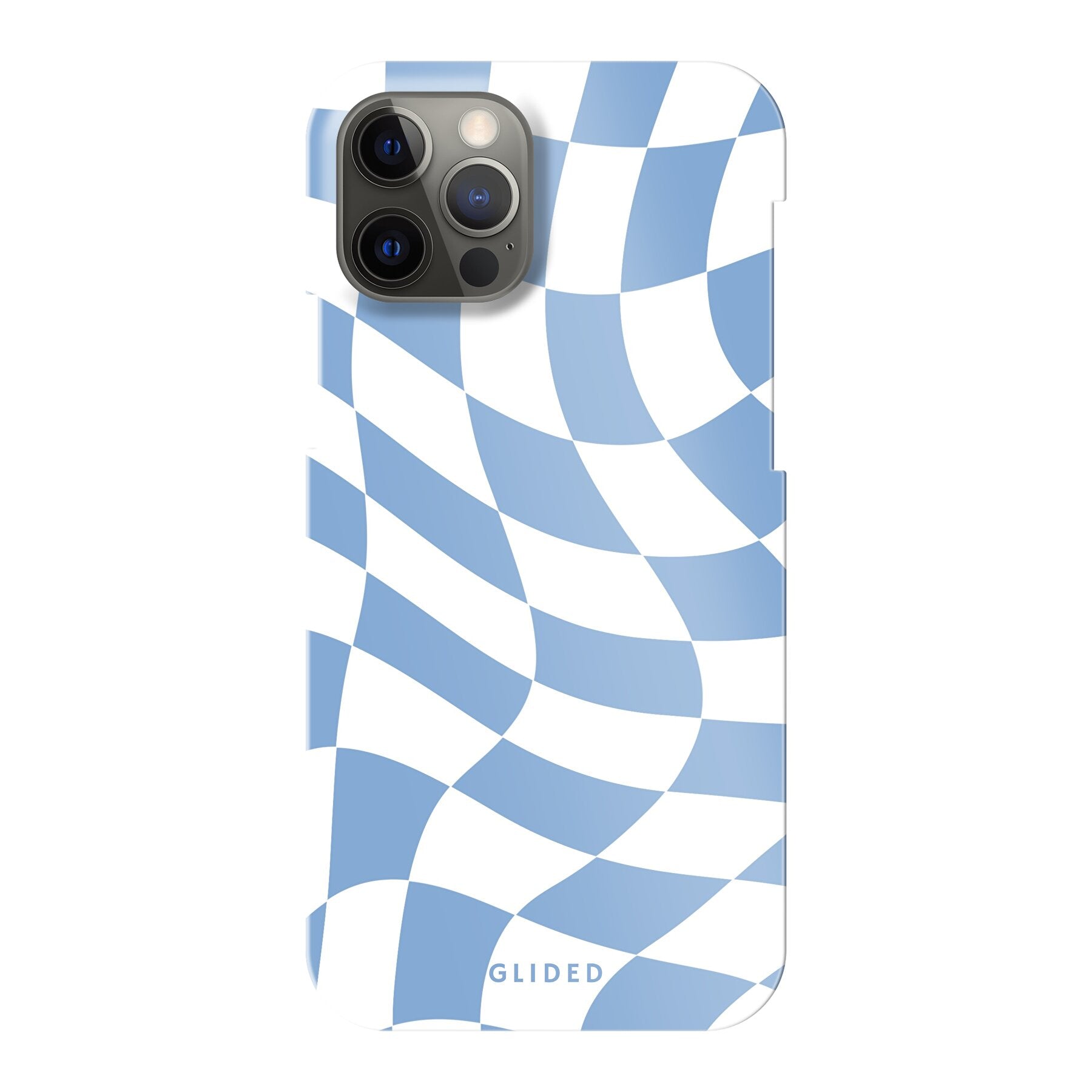 Elegante Blue Chess iPhone 12 Handyhülle mit Schachbrettmuster in verschiedenen Blautönen, die Stil und Schutz vereint.