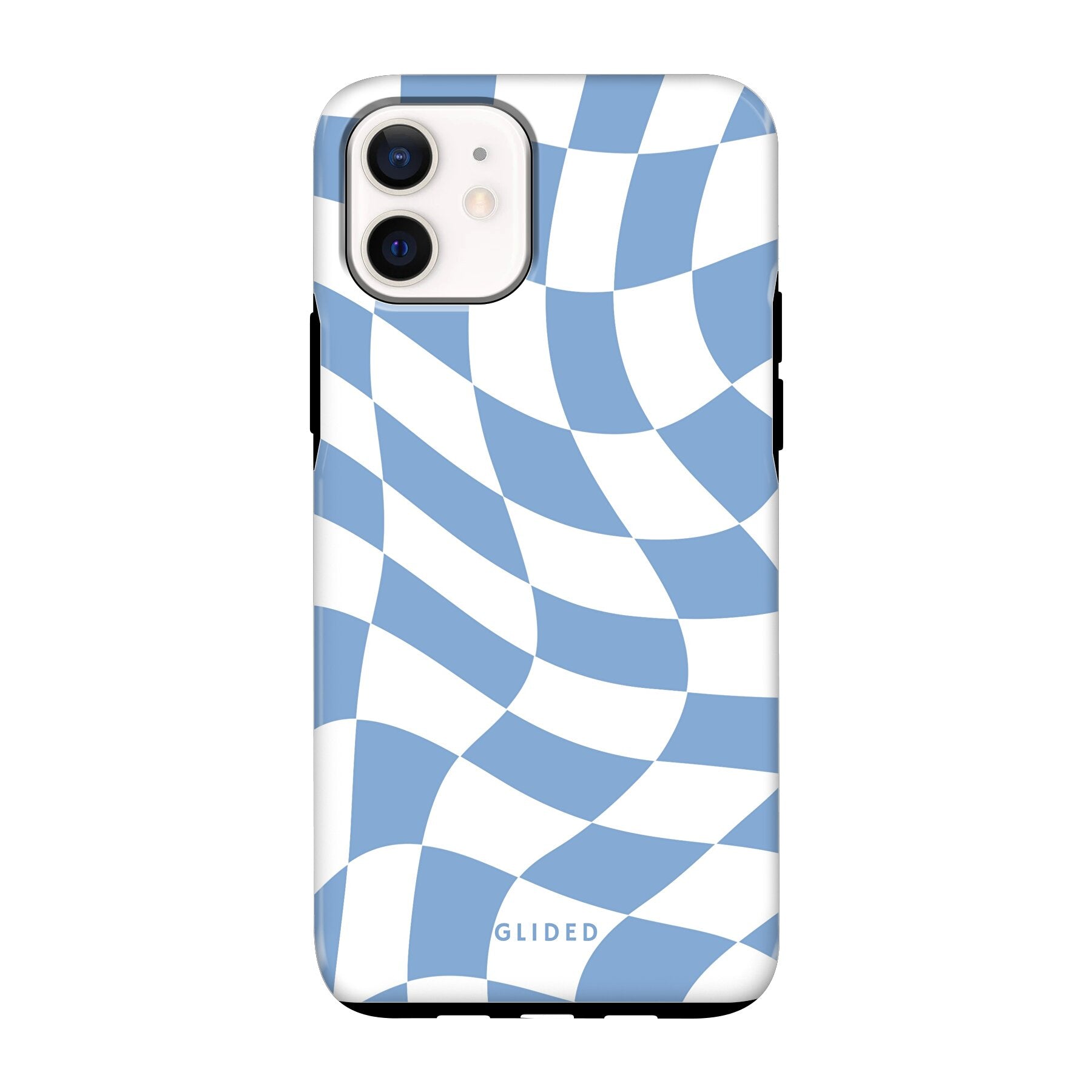 Elegante Blue Chess iPhone 12 mini Handyhülle mit Schachbrettmuster in verschiedenen Blautönen, die Stil und Schutz vereint.