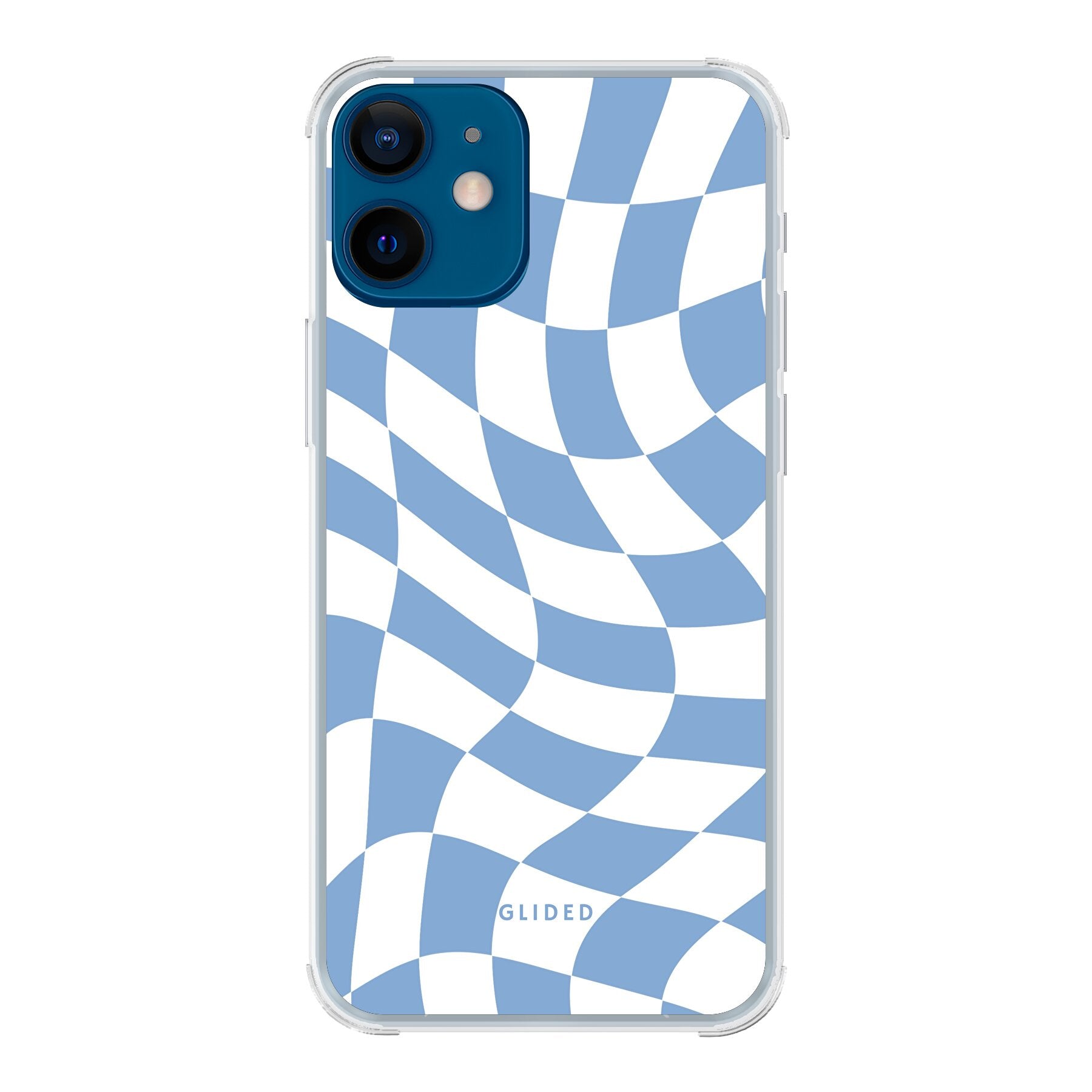 Elegante Blue Chess iPhone 12 mini Handyhülle mit Schachbrettmuster in verschiedenen Blautönen, die Stil und Schutz vereint.