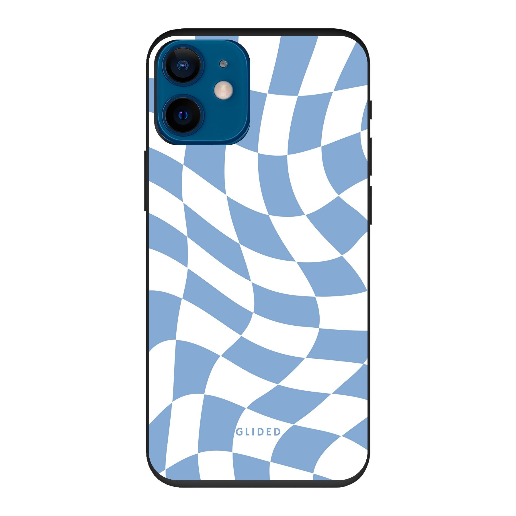 Elegante Blue Chess iPhone 12 mini Handyhülle mit Schachbrettmuster in verschiedenen Blautönen, die Stil und Schutz vereint.