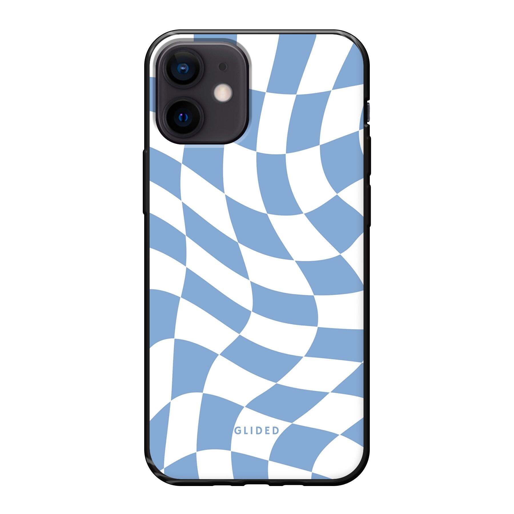 Elegante Blue Chess iPhone 12 mini Handyhülle mit Schachbrettmuster in verschiedenen Blautönen, die Stil und Schutz vereint.