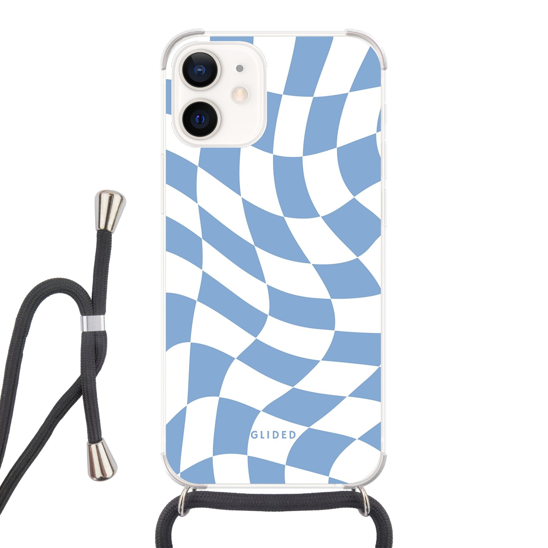 Elegante Blue Chess iPhone 12 mini Handyhülle mit Schachbrettmuster in verschiedenen Blautönen, die Stil und Schutz vereint.