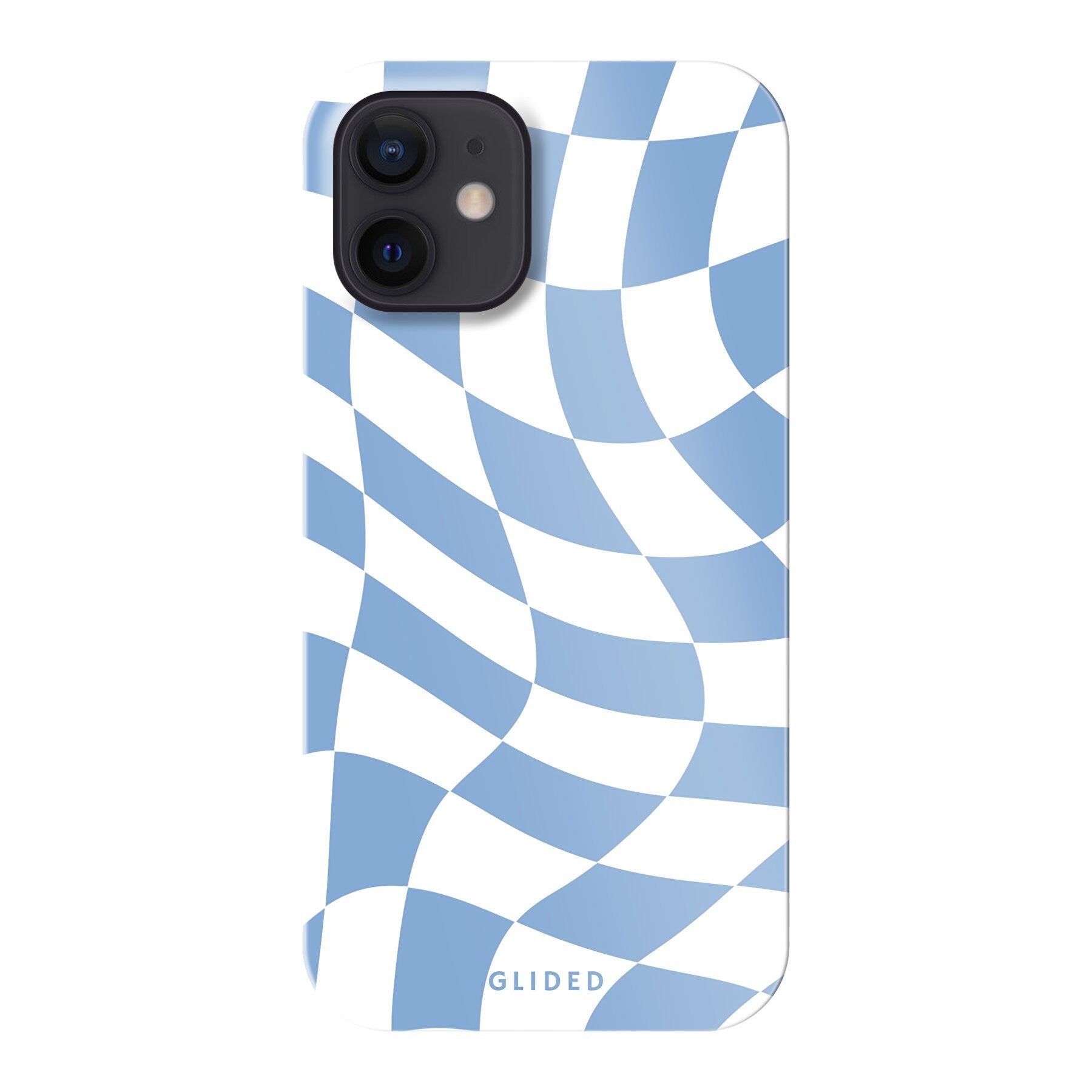 Elegante Blue Chess iPhone 12 mini Handyhülle mit Schachbrettmuster in verschiedenen Blautönen, die Stil und Schutz vereint.