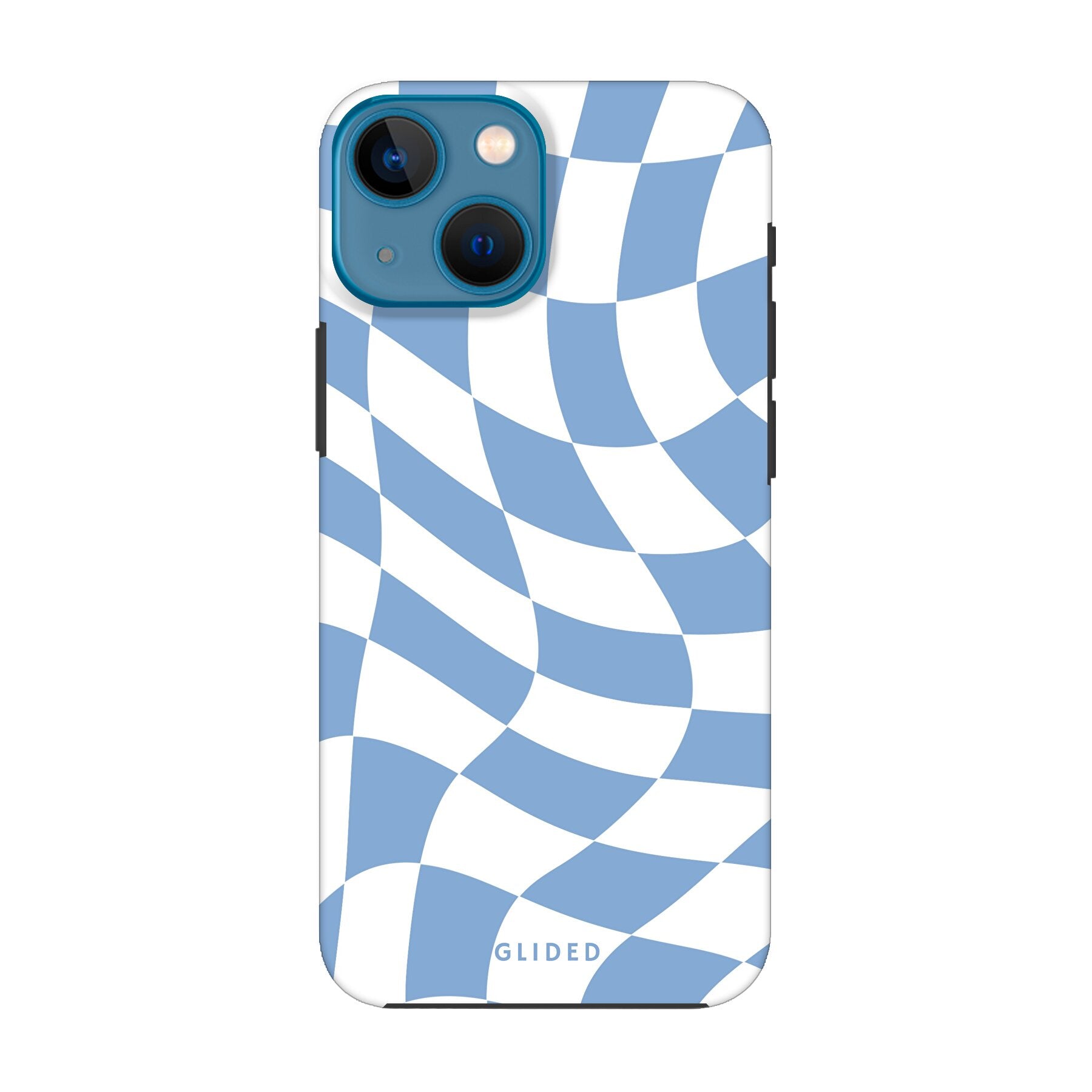 Elegante Blue Chess iPhone 13 mini Hülle mit Schachbrettmuster in verschiedenen Blautönen, idealer Schutz und stilvolles Design.