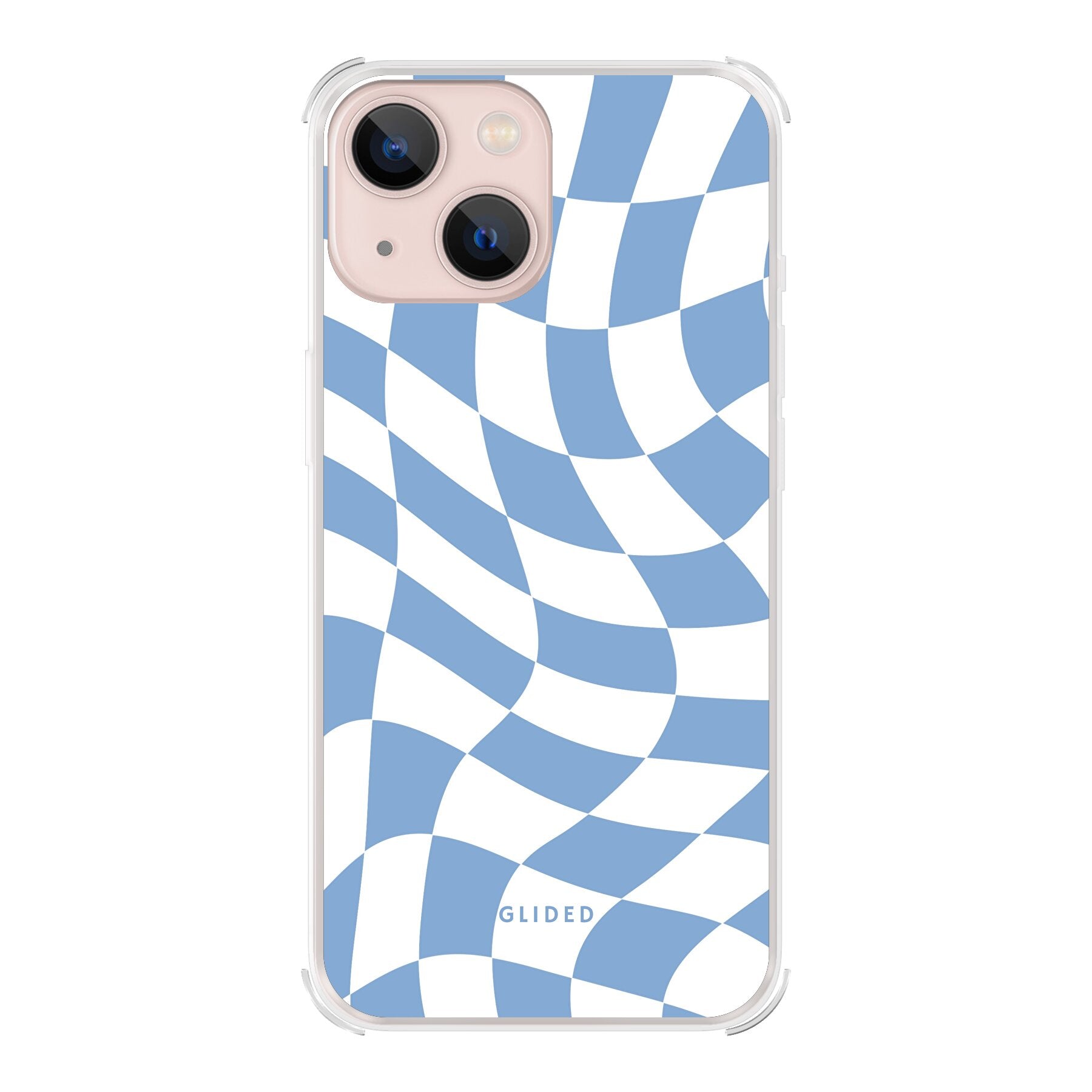 Elegante Blue Chess iPhone 13 mini Hülle mit Schachbrettmuster in verschiedenen Blautönen, idealer Schutz und stilvolles Design.