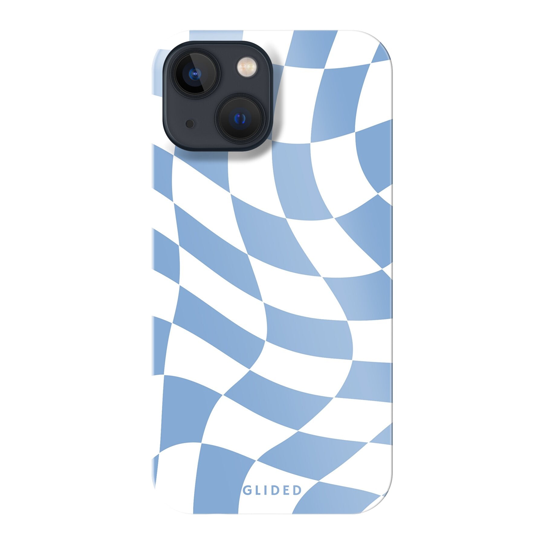 Elegante Blue Chess iPhone 13 mini Hülle mit Schachbrettmuster in verschiedenen Blautönen, idealer Schutz und stilvolles Design.