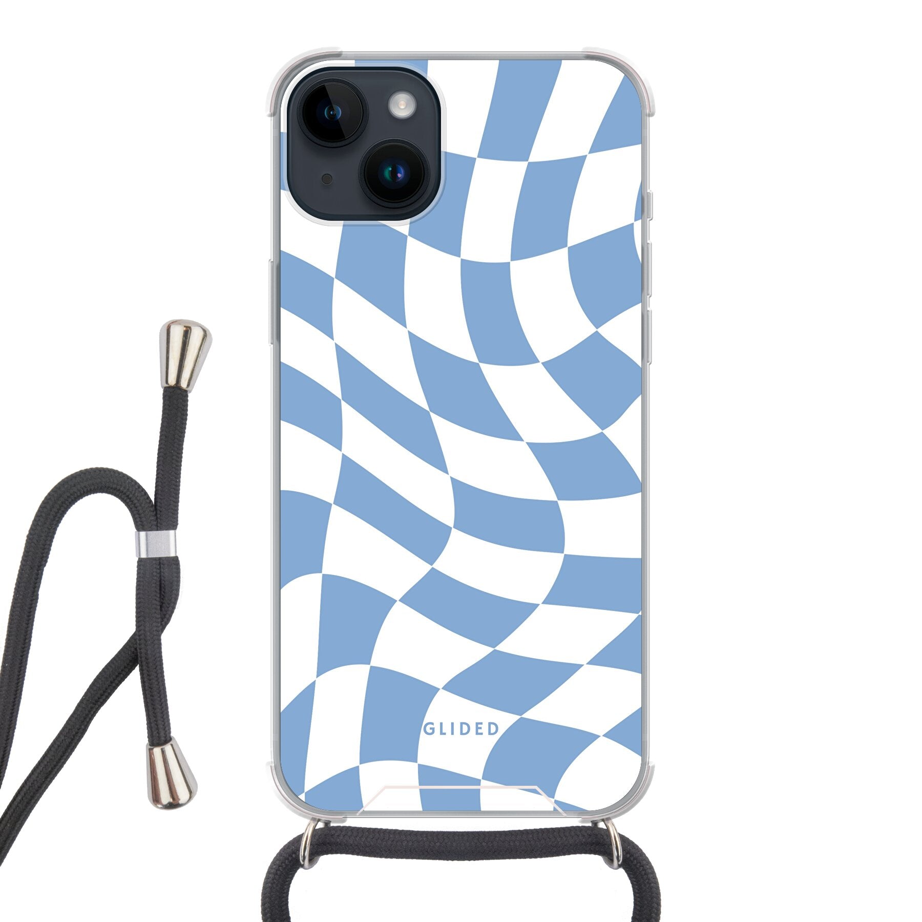 Elegante Blue Chess iPhone 14 Plus Hülle mit Schachbrettmuster in verschiedenen Blautönen, idealer Schutz und stilvolles Design.