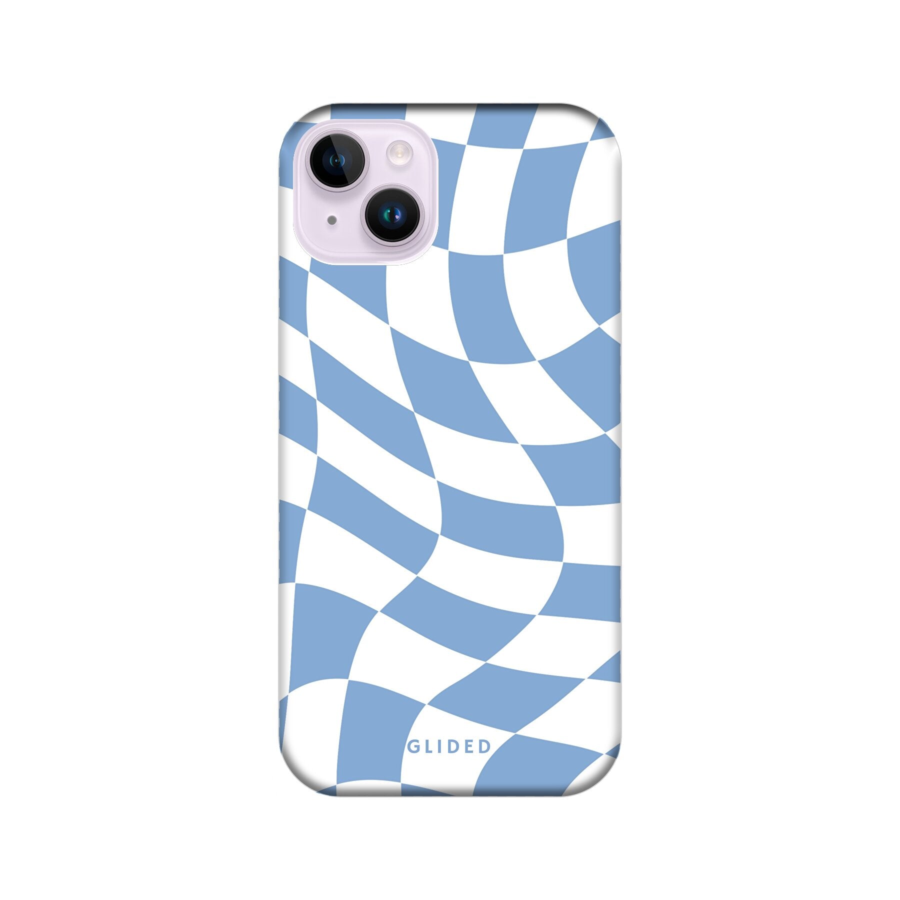 Elegante Blue Chess iPhone 14 Plus Hülle mit Schachbrettmuster in verschiedenen Blautönen, idealer Schutz und stilvolles Design.