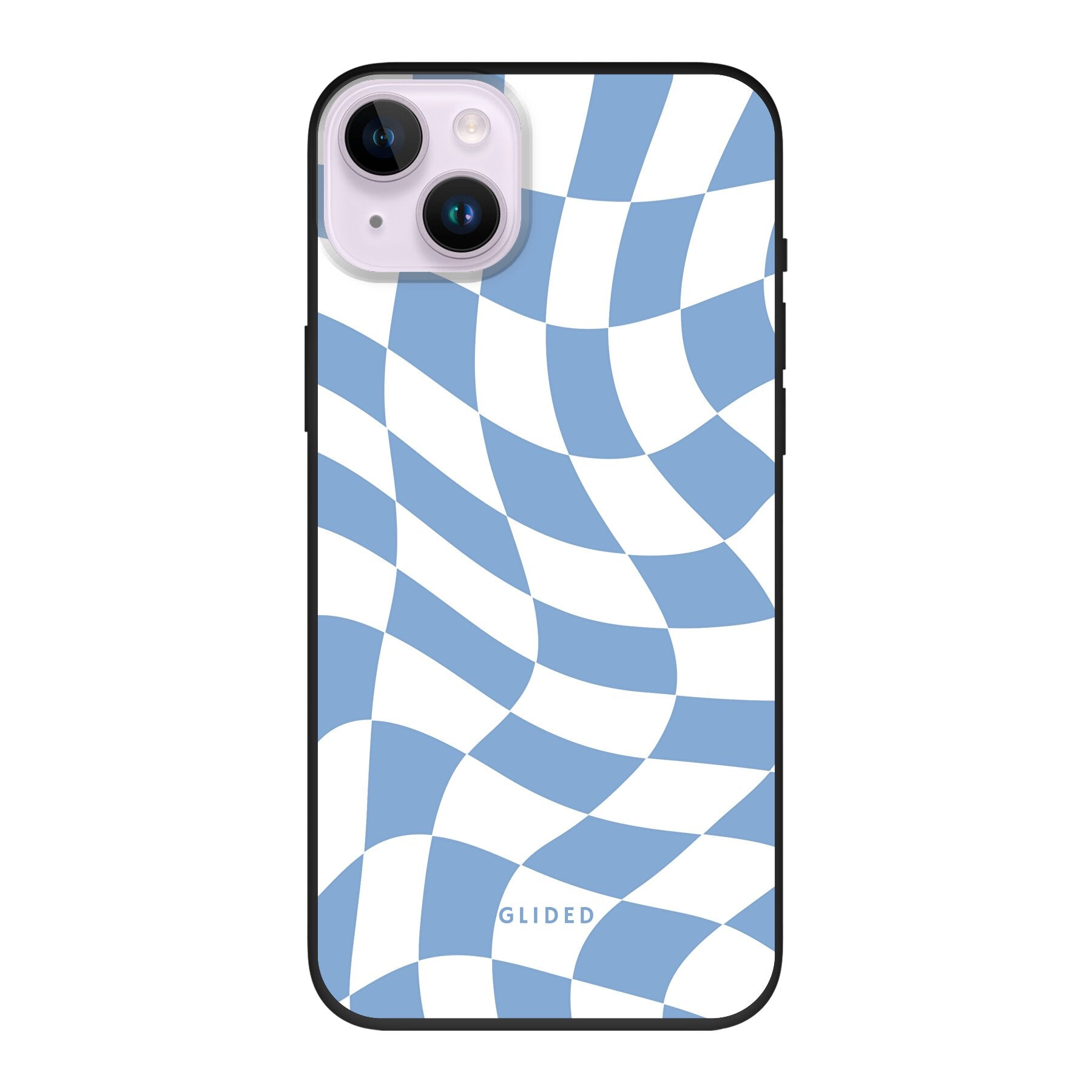 Elegante Blue Chess iPhone 14 Plus Hülle mit Schachbrettmuster in verschiedenen Blautönen, idealer Schutz und stilvolles Design.