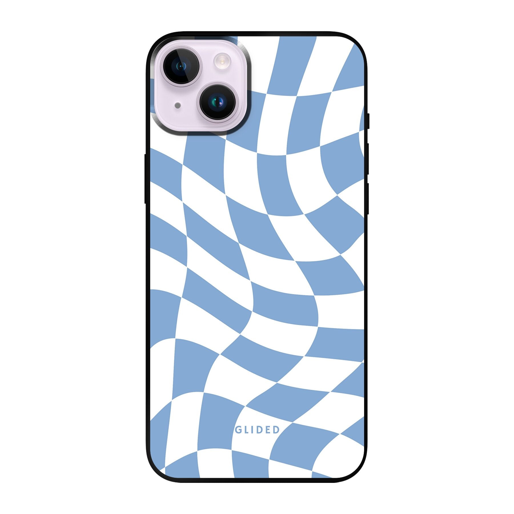 Elegante Blue Chess iPhone 14 Plus Hülle mit Schachbrettmuster in verschiedenen Blautönen, idealer Schutz und stilvolles Design.