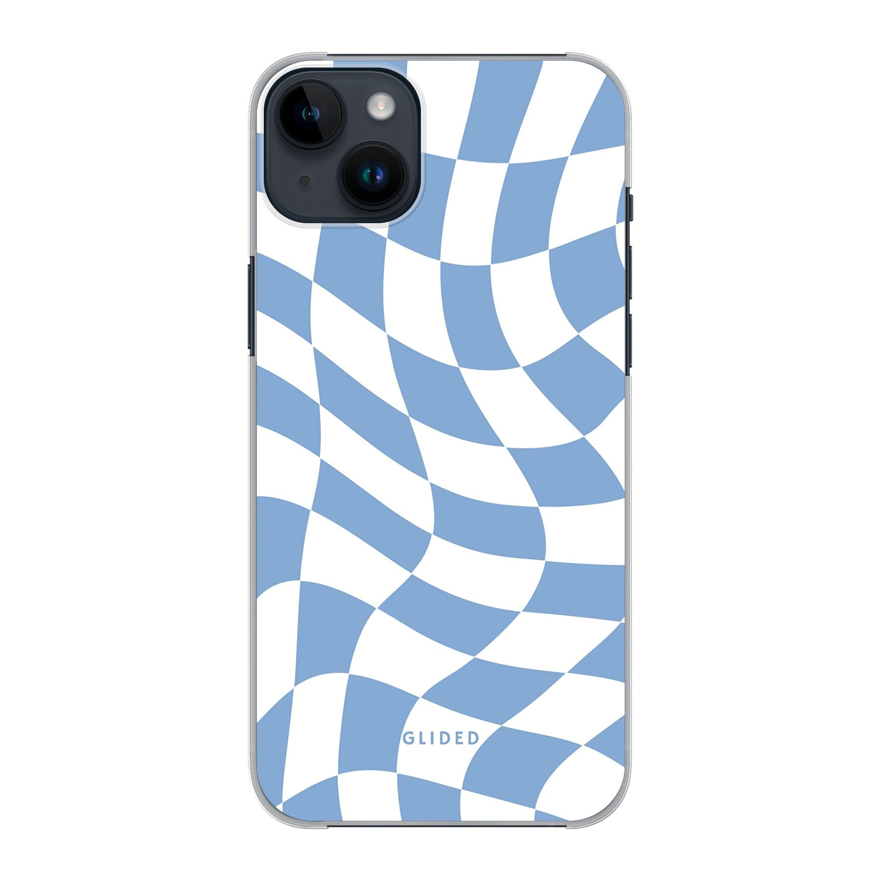 Elegante Blue Chess iPhone 14 Plus Hülle mit Schachbrettmuster in verschiedenen Blautönen, idealer Schutz und stilvolles Design.