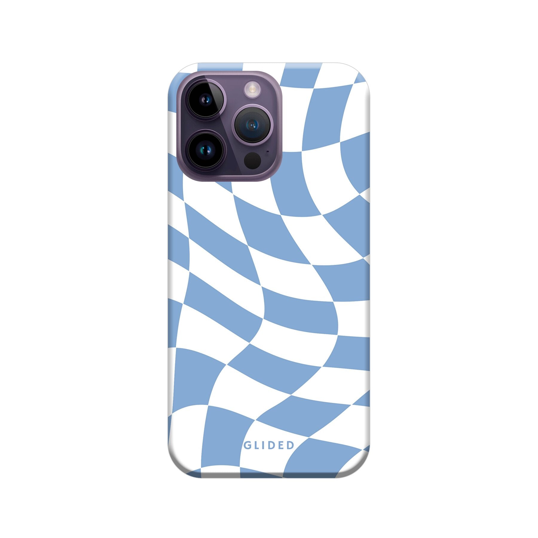 Elegante Blue Chess iPhone 14 Pro Max Hülle mit Schachbrettmuster in verschiedenen Blautönen, idealer Schutz und stilvolles Design.