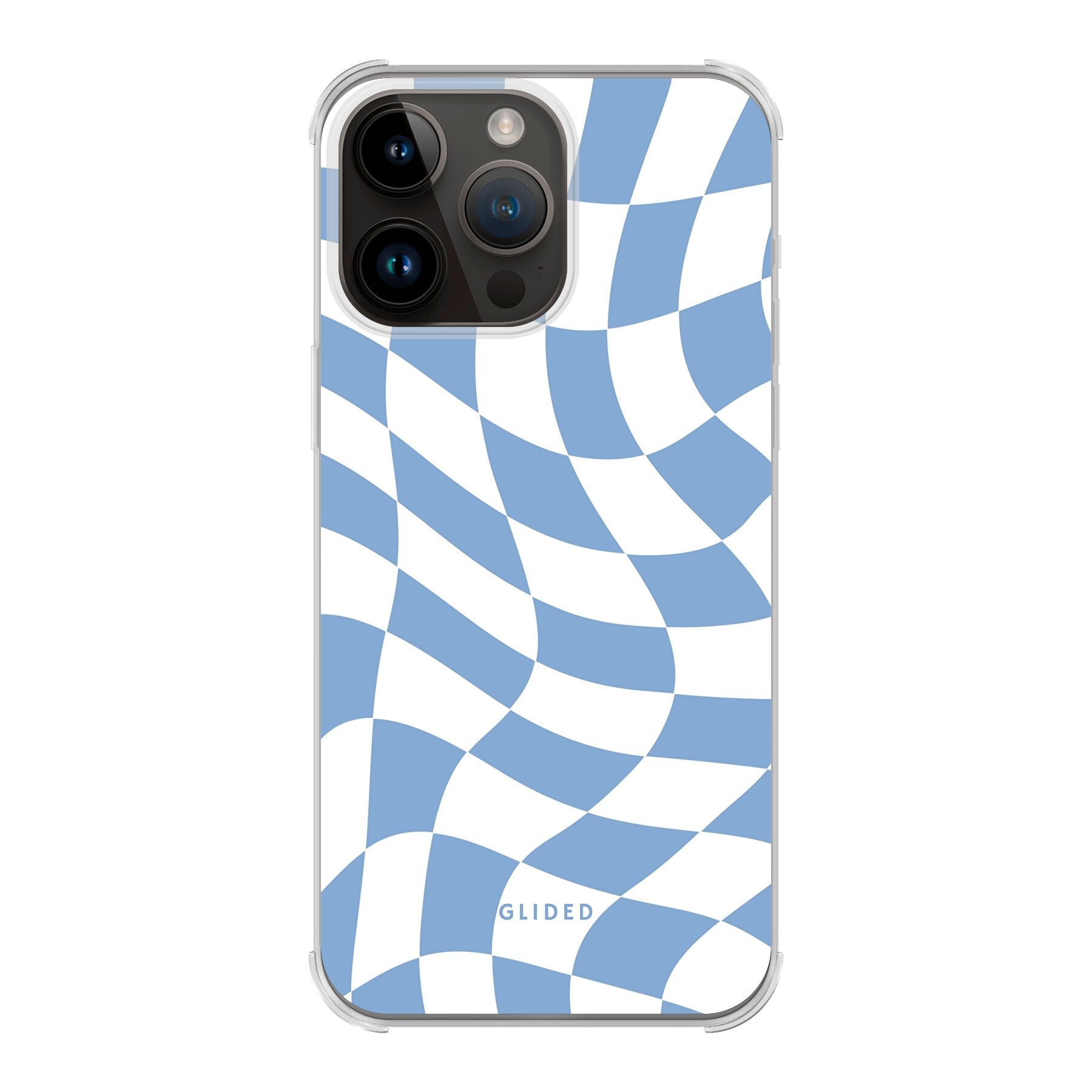 Elegante Blue Chess iPhone 14 Pro Max Hülle mit Schachbrettmuster in verschiedenen Blautönen, idealer Schutz und stilvolles Design.