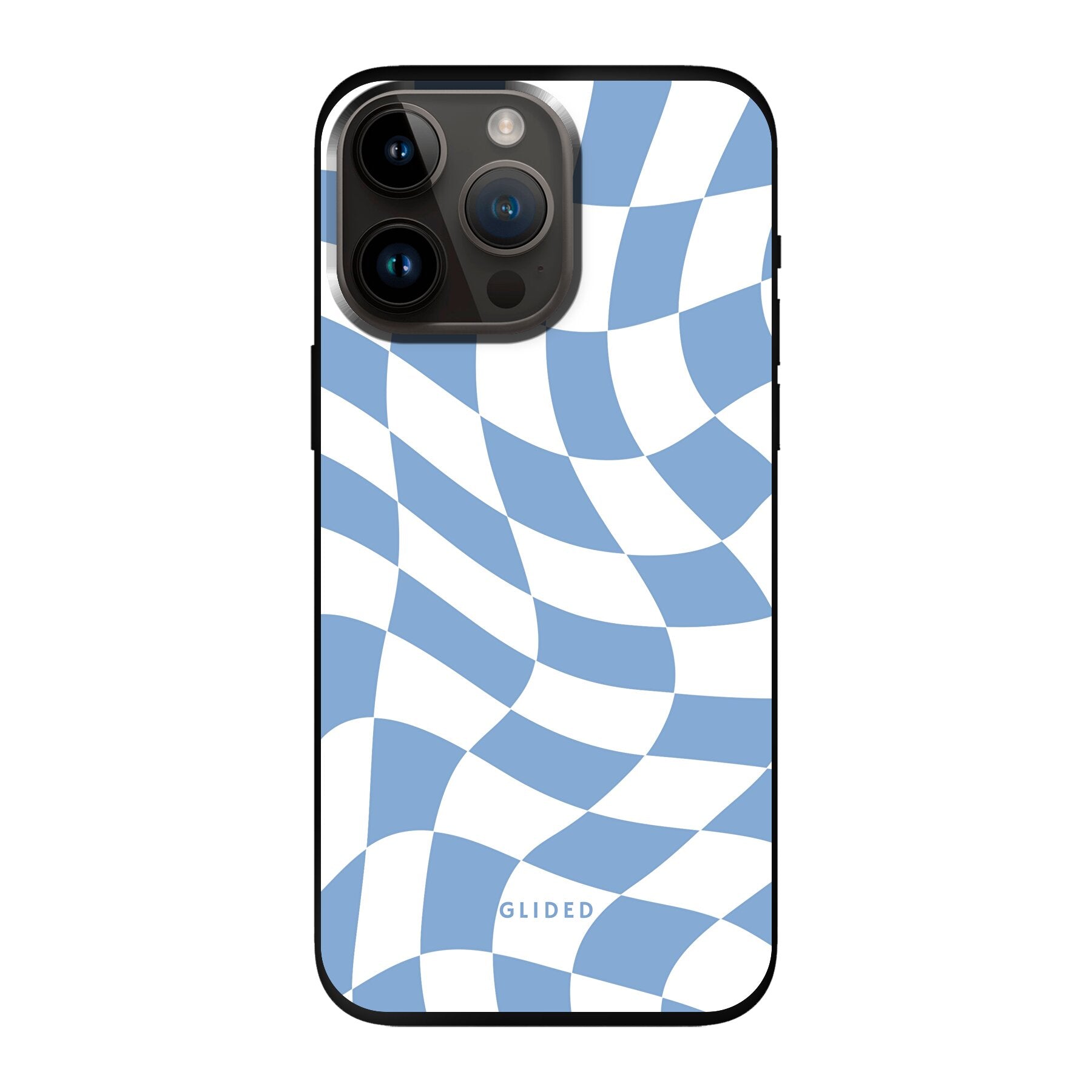 Elegante Blue Chess iPhone 14 Pro Max Hülle mit Schachbrettmuster in verschiedenen Blautönen, idealer Schutz und stilvolles Design.