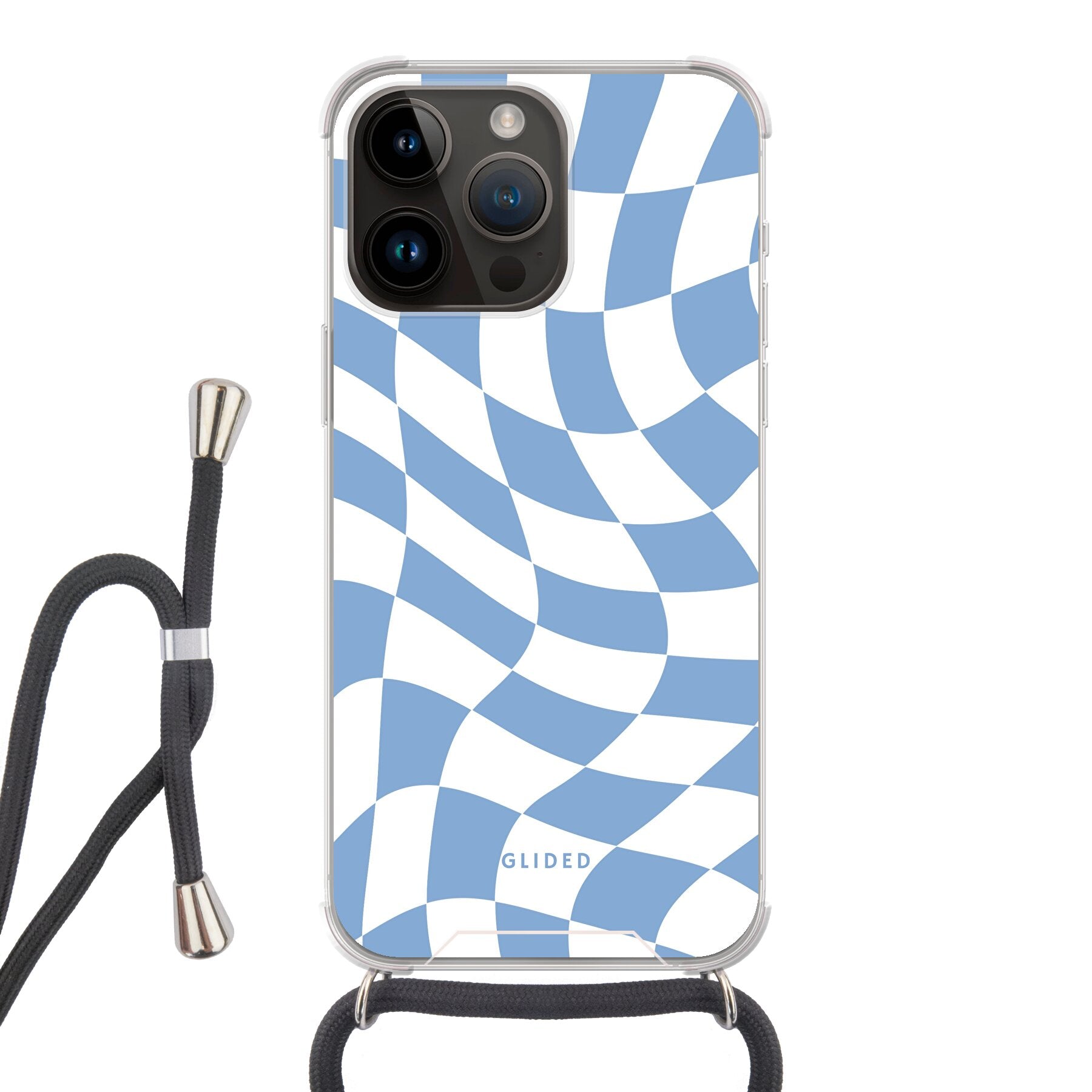 Elegante Blue Chess iPhone 14 Pro Max Hülle mit Schachbrettmuster in verschiedenen Blautönen, idealer Schutz und stilvolles Design.