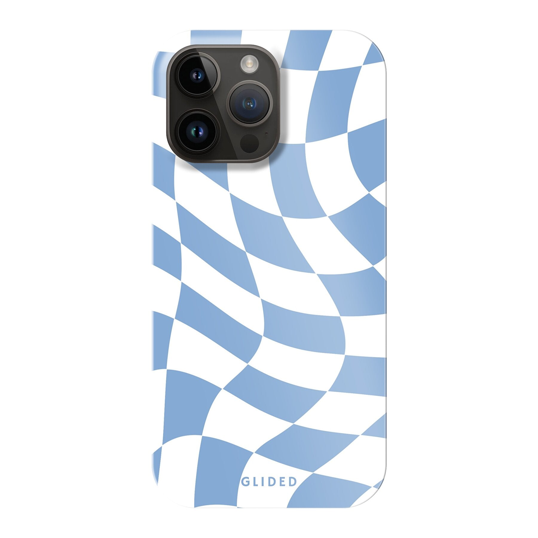 Elegante Blue Chess iPhone 14 Pro Max Hülle mit Schachbrettmuster in verschiedenen Blautönen, idealer Schutz und stilvolles Design.