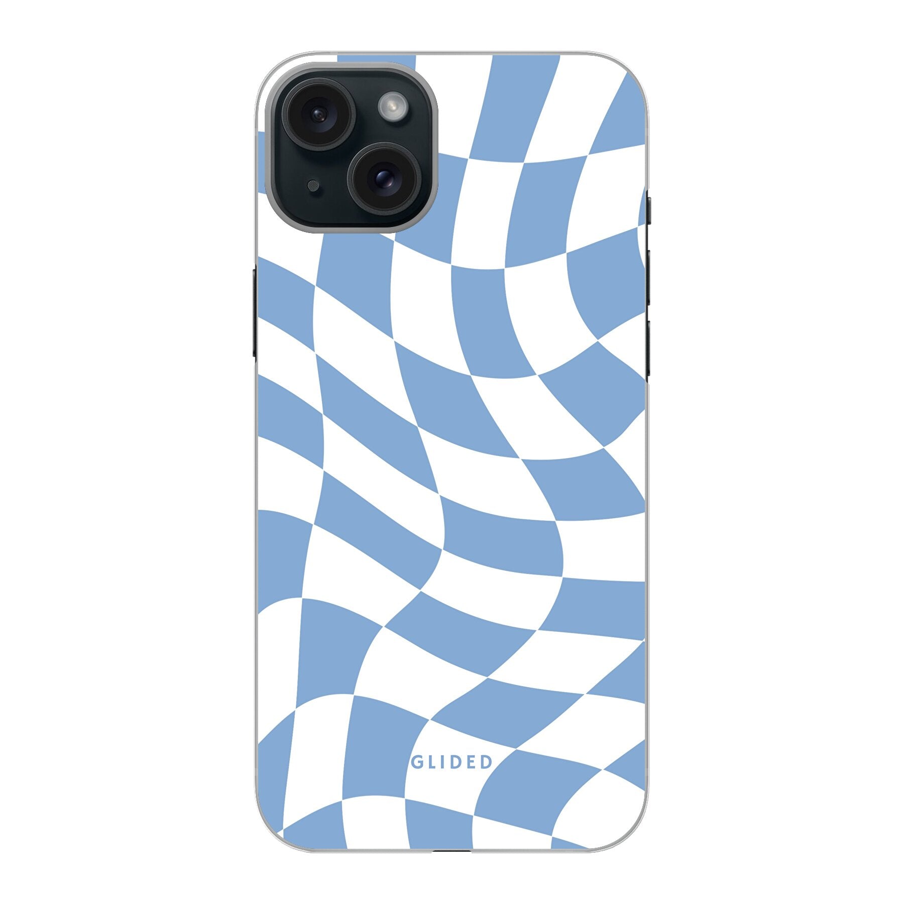 Elegante Blue Chess iPhone 15 Plus Hülle mit Schachbrettmuster in verschiedenen Blautönen, die stilvollen Schutz bietet.