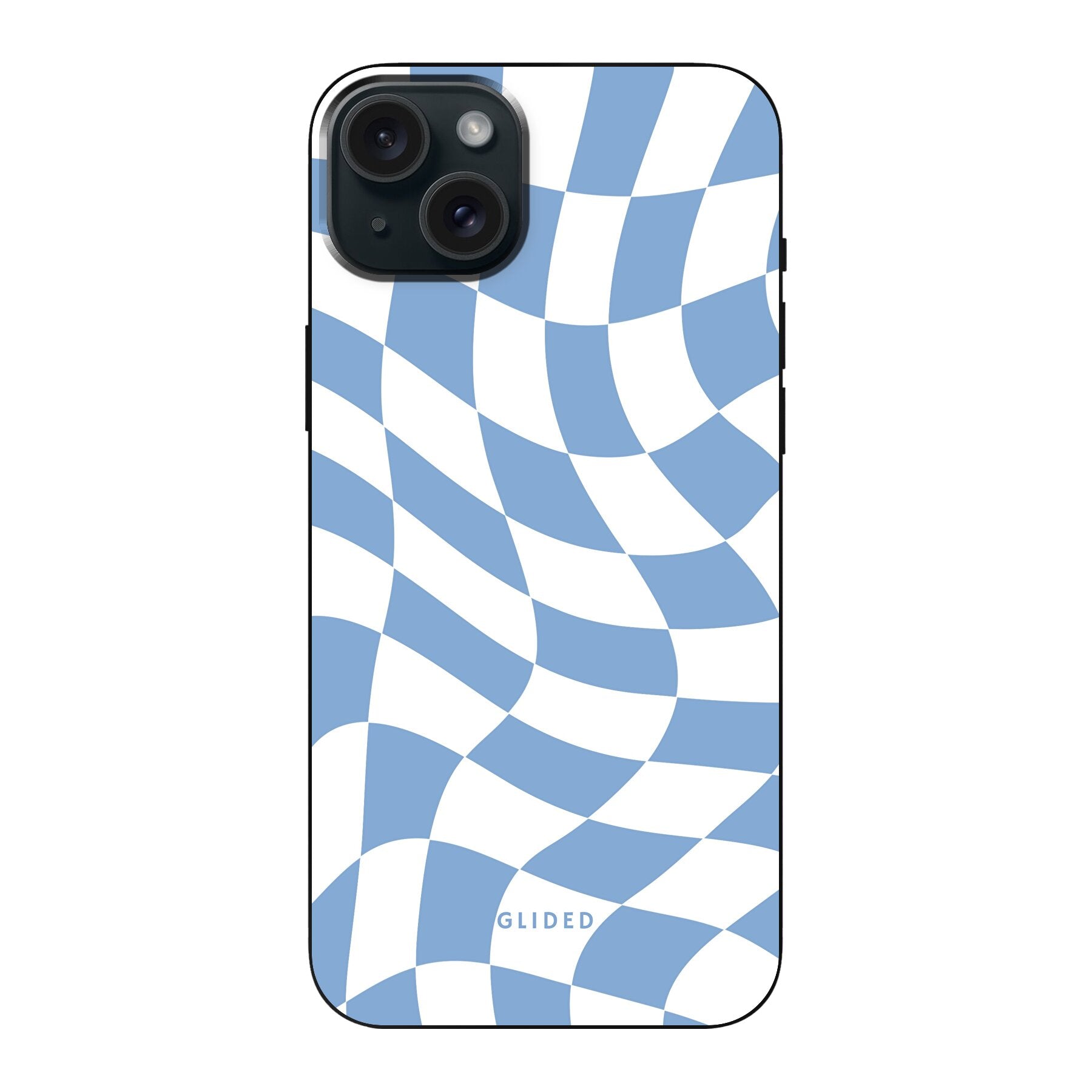 Elegante Blue Chess iPhone 15 Plus Hülle mit Schachbrettmuster in verschiedenen Blautönen, die stilvollen Schutz bietet.