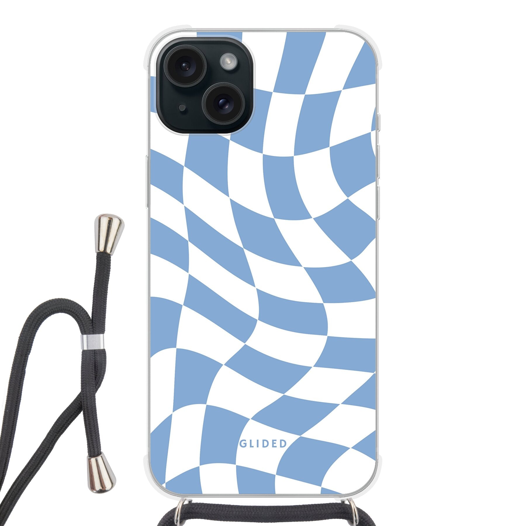 Elegante Blue Chess iPhone 15 Plus Hülle mit Schachbrettmuster in verschiedenen Blautönen, die stilvollen Schutz bietet.