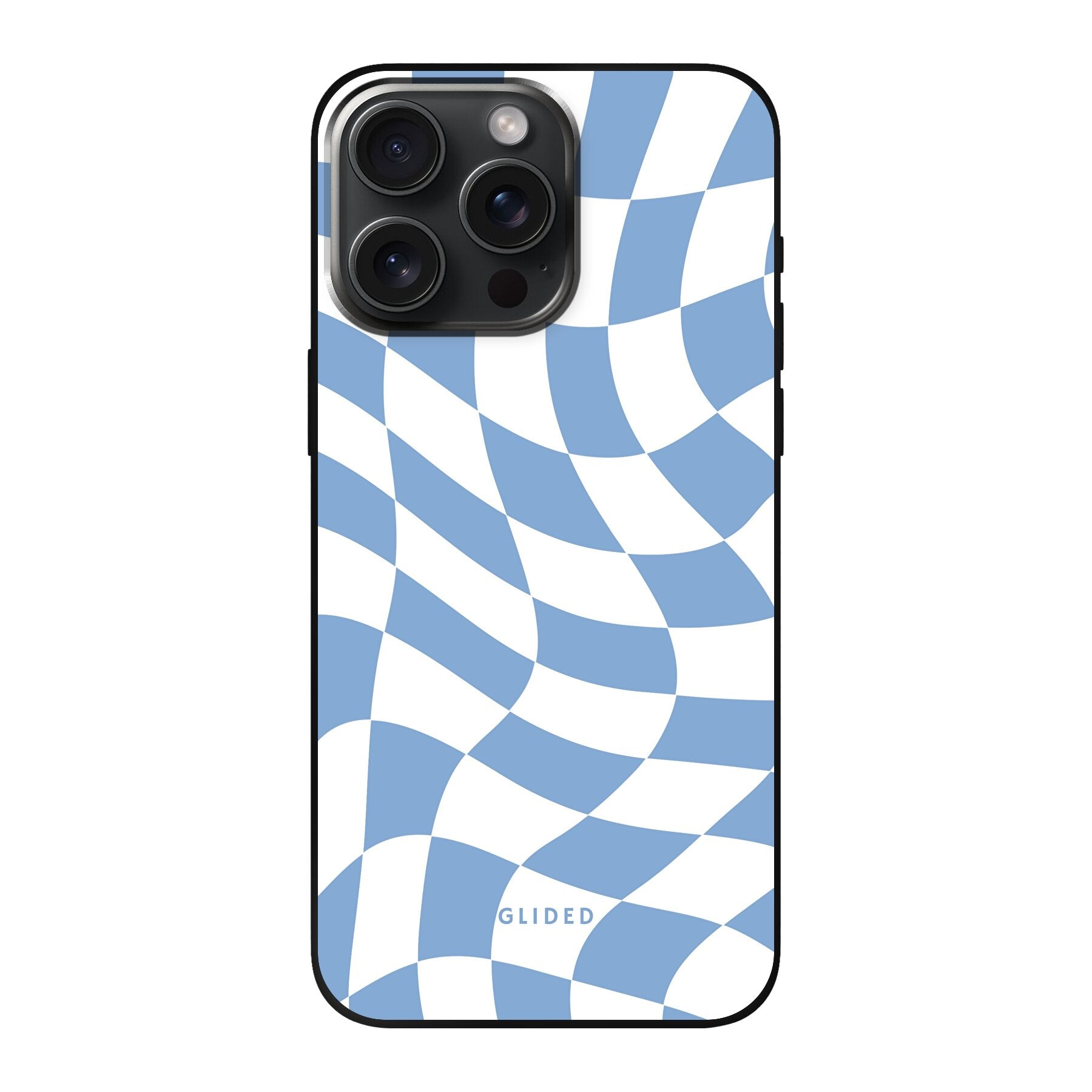 Elegante Blue Chess iPhone 15 Pro Max Handyhülle mit Schachbrettmuster in verschiedenen Blautönen, ideal für stilvollen Schutz.