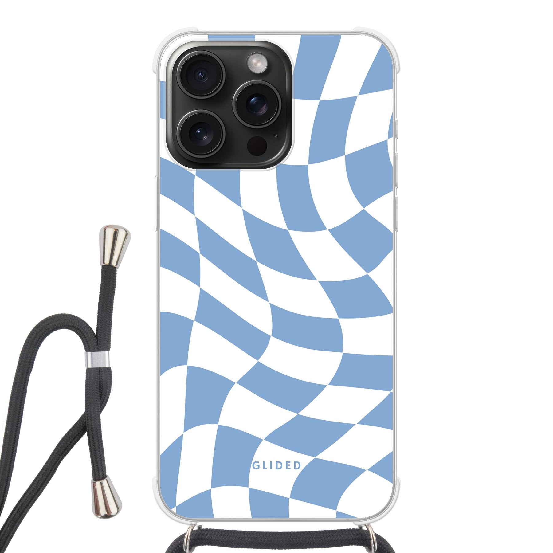 Elegante Blue Chess iPhone 15 Pro Max Handyhülle mit Schachbrettmuster in verschiedenen Blautönen, ideal für stilvollen Schutz.