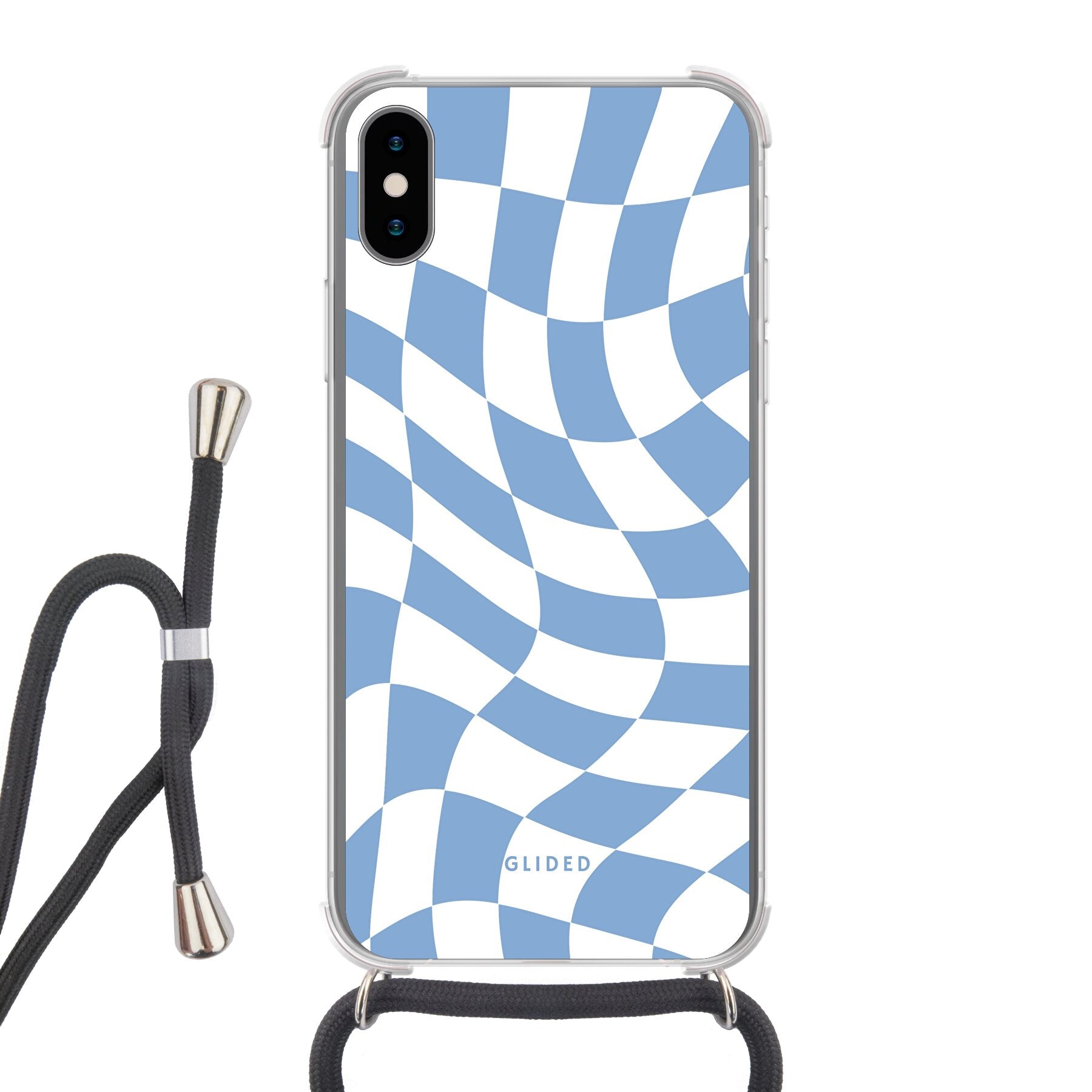 Elegante Blue Chess iPhone X/Xs Handyhülle mit Schachbrettmuster in verschiedenen Blautönen, ideal für stilvollen Schutz.