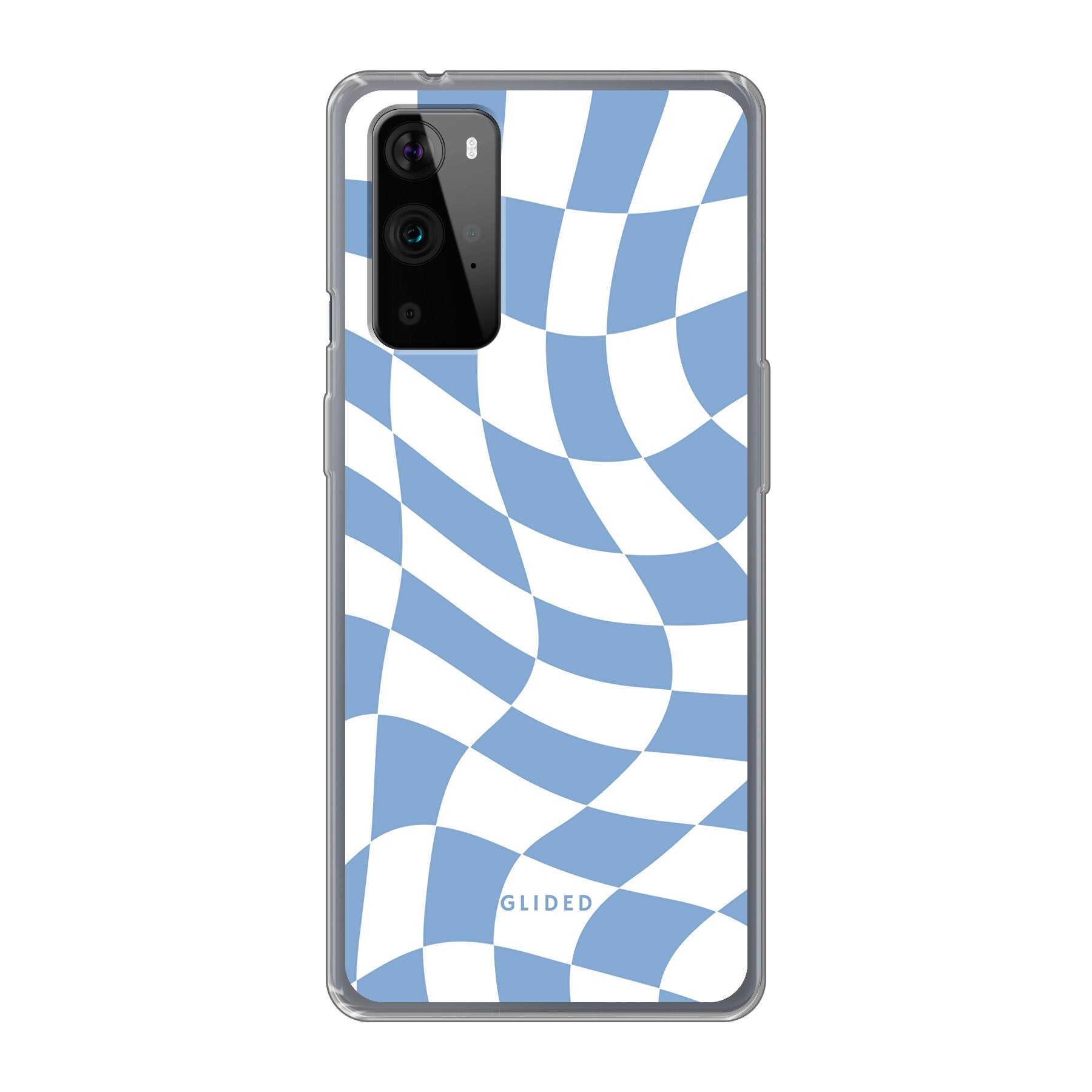 Elegante Blue Chess Handyhülle für OnePlus 9 Pro mit stilvollem Schachbrettmuster in verschiedenen Blautönen.