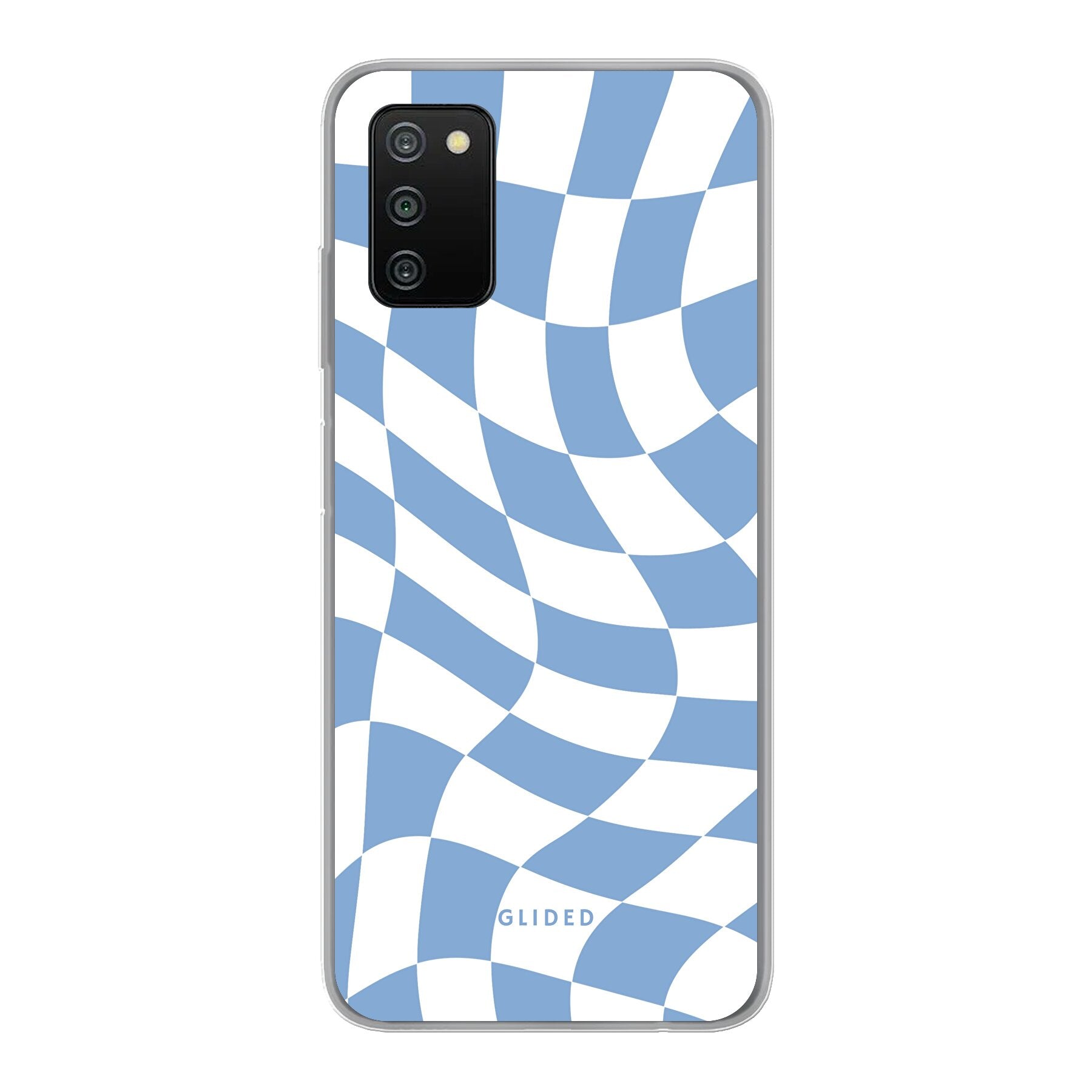 Elegante Blue Chess Handyhülle für Samsung Galaxy A03s mit stilvollem Schachbrettmuster in verschiedenen Blautönen.