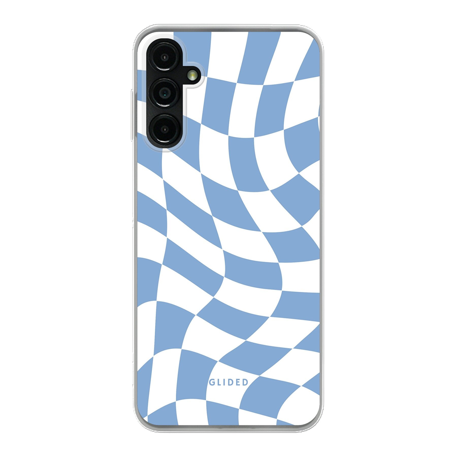 Elegante Blue Chess Hülle für Samsung Galaxy A14 5G mit stilvollem Schachbrettmuster in verschiedenen Blautönen.