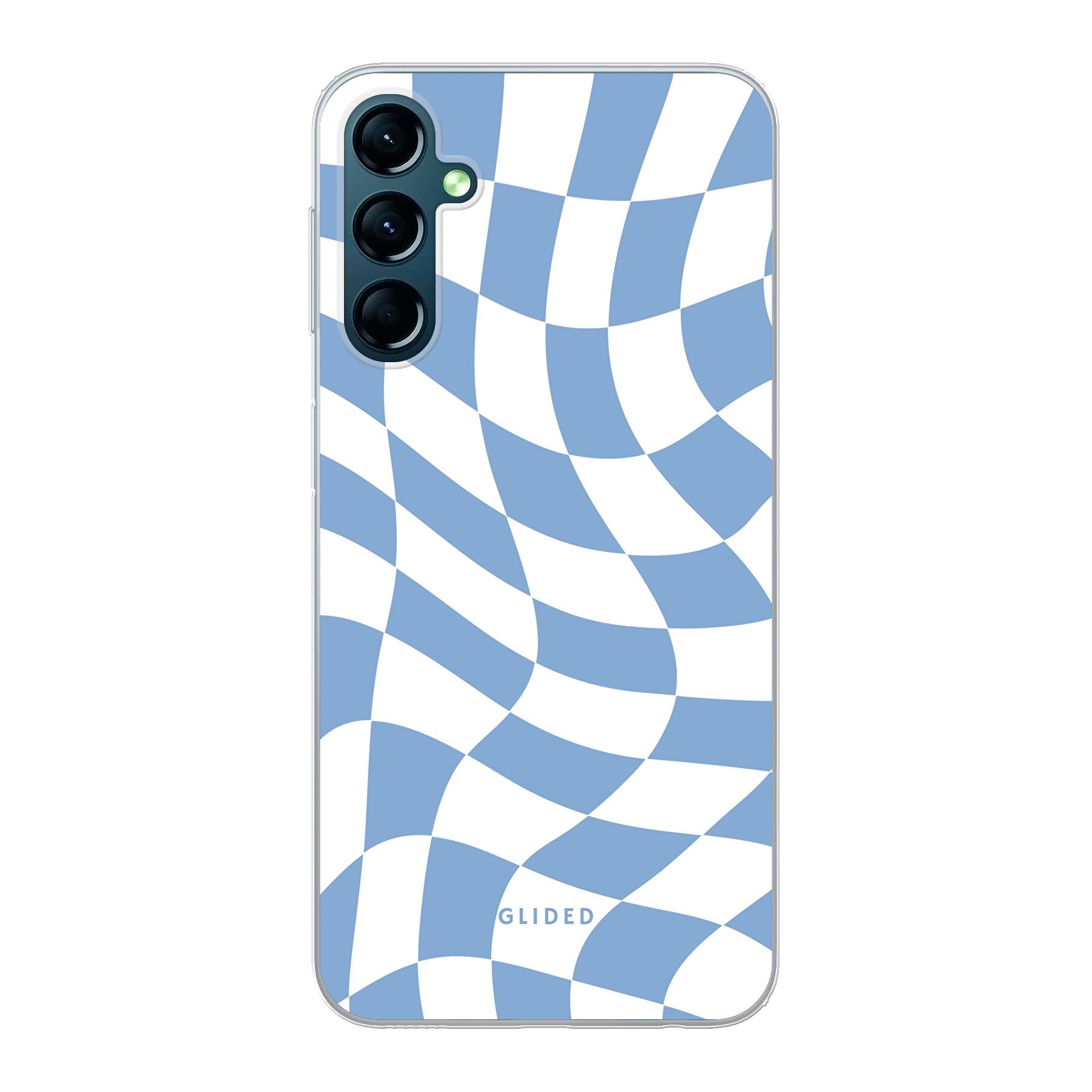 Elegante Blue Chess Handyhülle für Samsung Galaxy A24 4g mit stilvollem Schachbrettmuster in verschiedenen Blautönen.