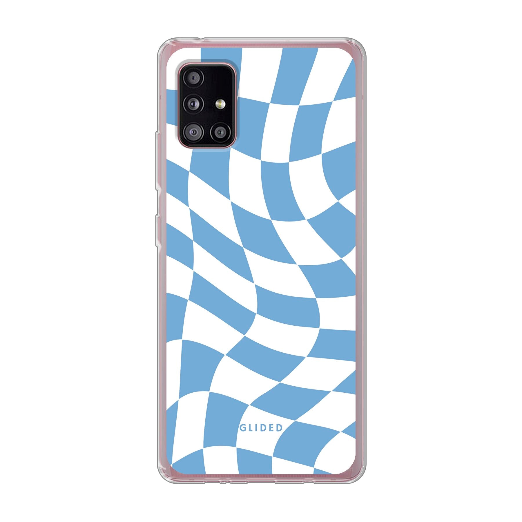 Elegante Blue Chess Handyhülle für Samsung Galaxy A51 5G mit stilvollem Schachbrettmuster in verschiedenen Blautönen.