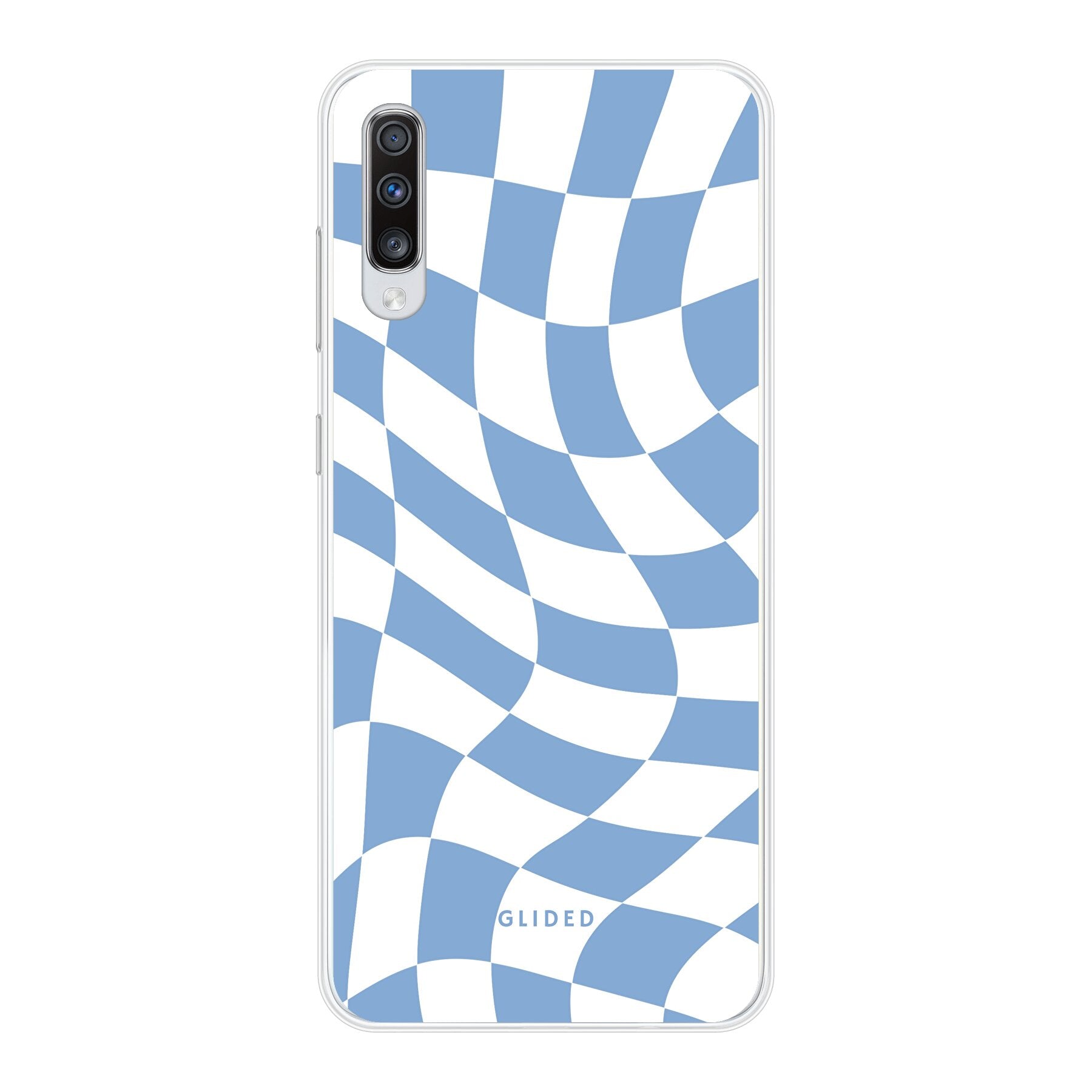 Elegante Blue Chess Handyhülle für Samsung Galaxy A70 mit Schachbrettmuster in verschiedenen Blautönen.