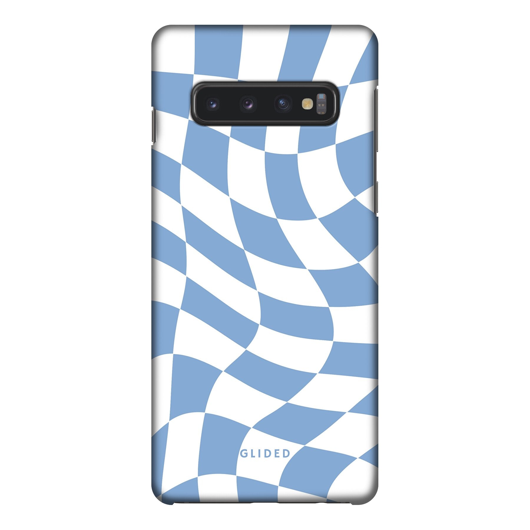 Elegante Blue Chess Handyhülle für Samsung Galaxy S10 mit stilvollem Schachbrettmuster in verschiedenen Blautönen.