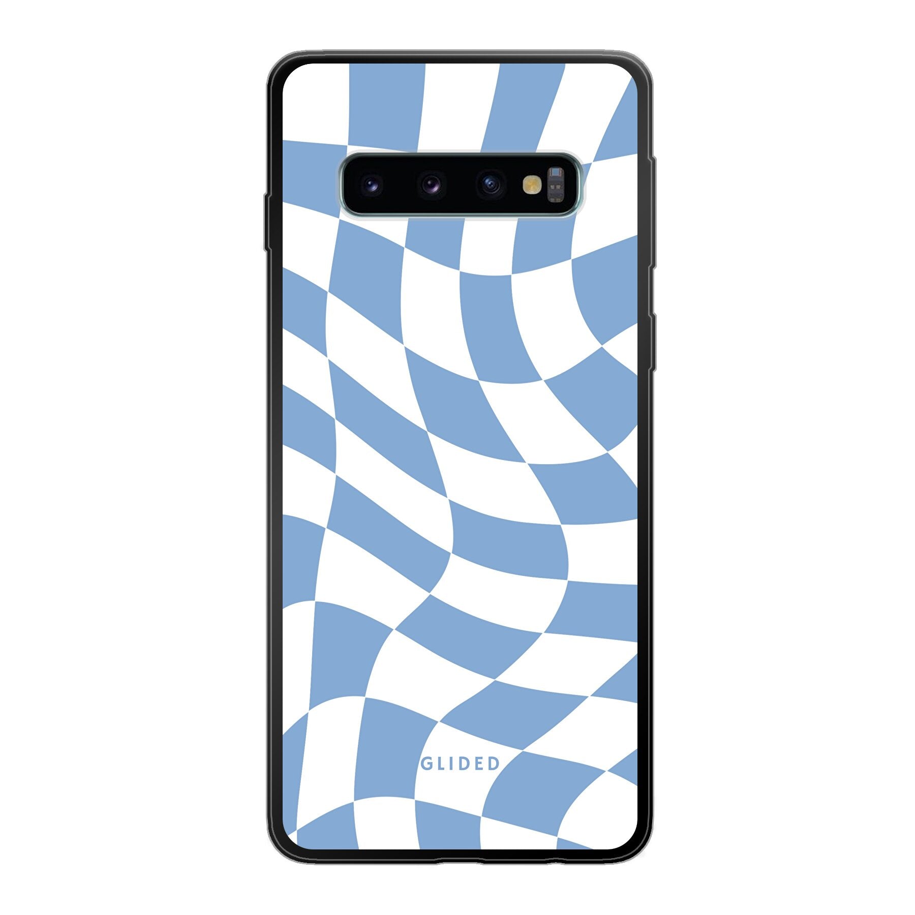 Elegante Blue Chess Handyhülle für Samsung Galaxy S10 mit stilvollem Schachbrettmuster in verschiedenen Blautönen.