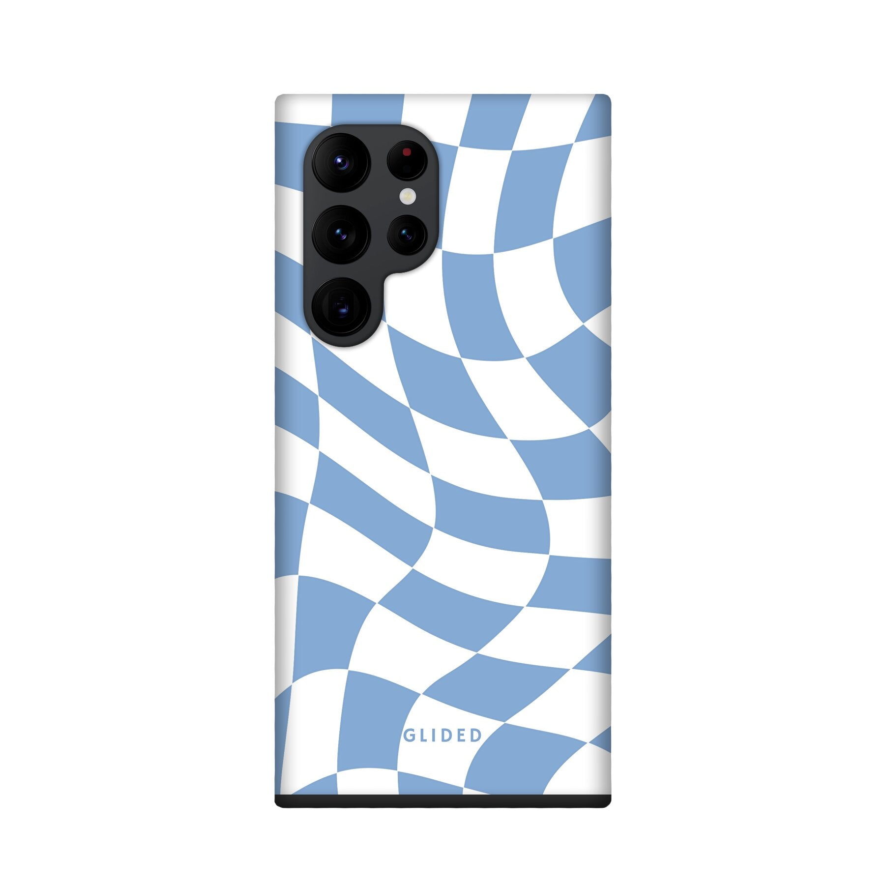 Elegante Blue Chess Handyhülle für Samsung Galaxy S22 Ultra mit Schachbrettmuster in verschiedenen Blautönen.