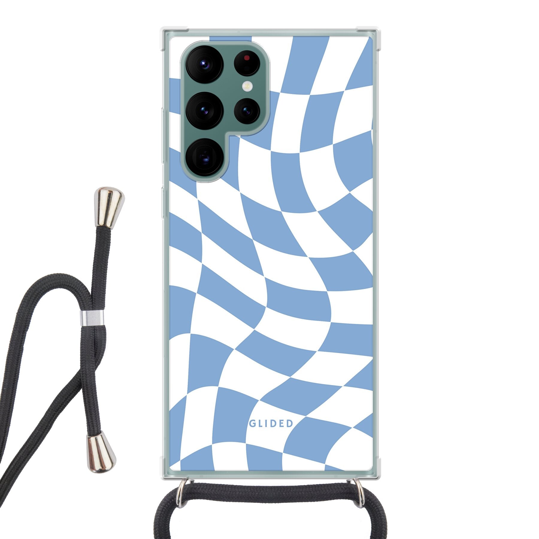 Elegante Blue Chess Handyhülle für Samsung Galaxy S22 Ultra mit Schachbrettmuster in verschiedenen Blautönen.