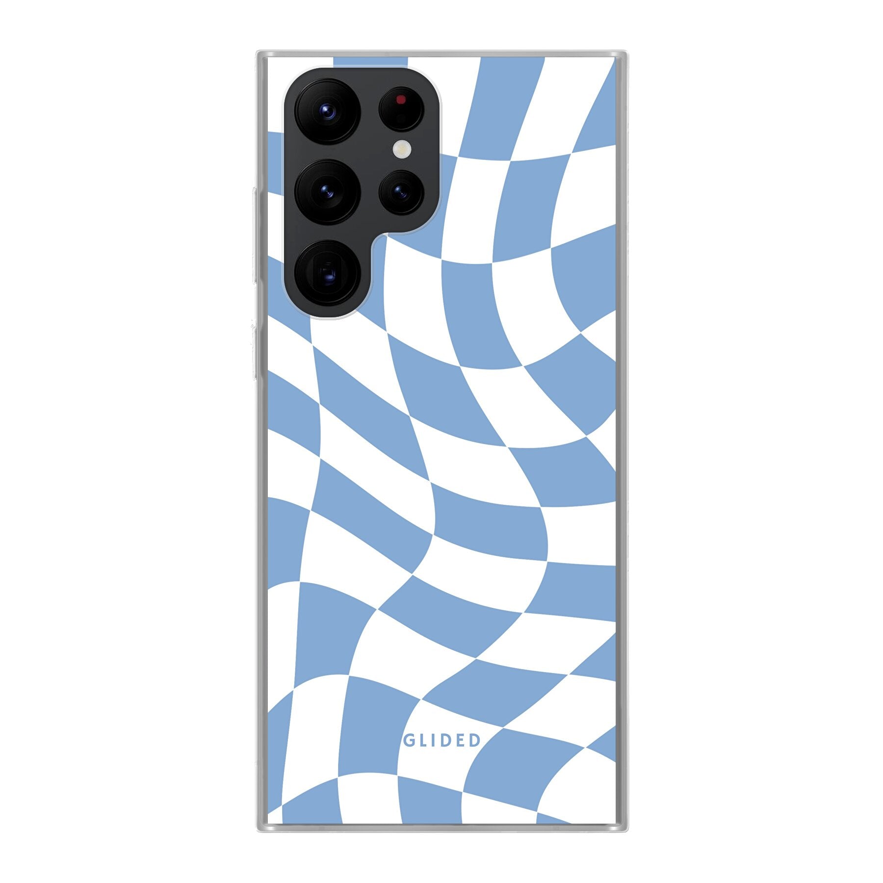 Elegante Blue Chess Handyhülle für Samsung Galaxy S22 Ultra mit Schachbrettmuster in verschiedenen Blautönen.